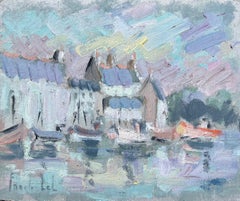 French Harbourfront with Boats and Café Awnings in Impressionist Style