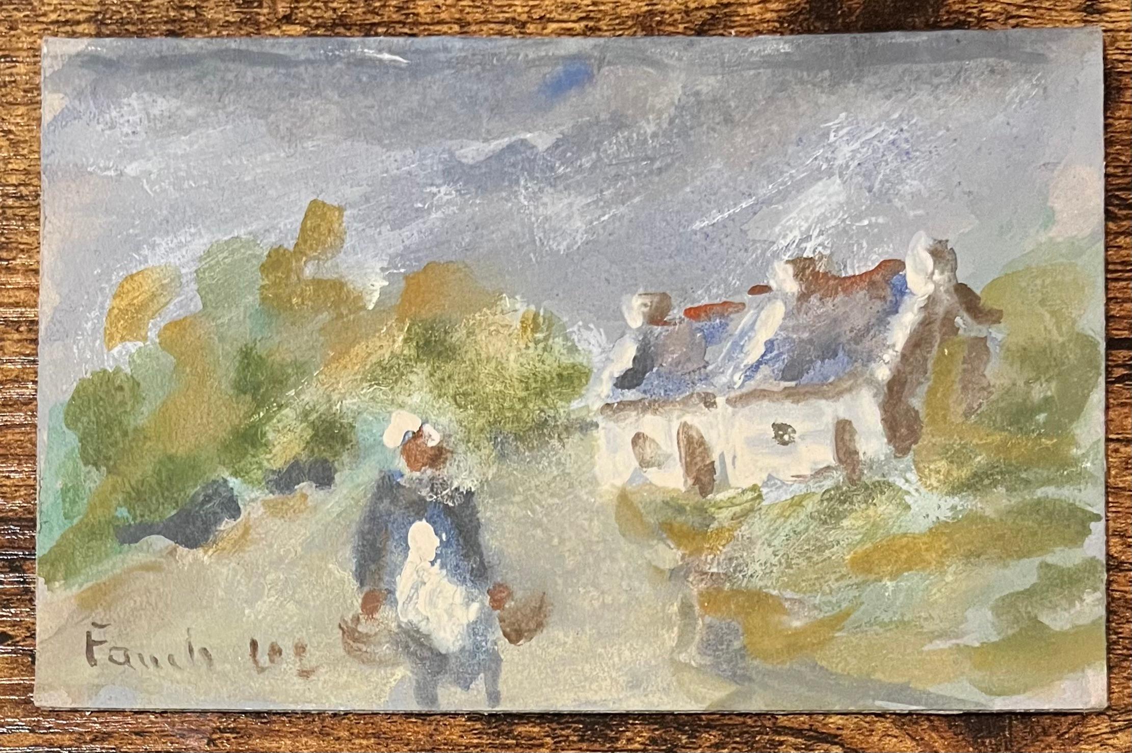 Quadro acrilico impressionista francese raffigurante un contadino vicino a un cottage - Painting di Fanch Lel