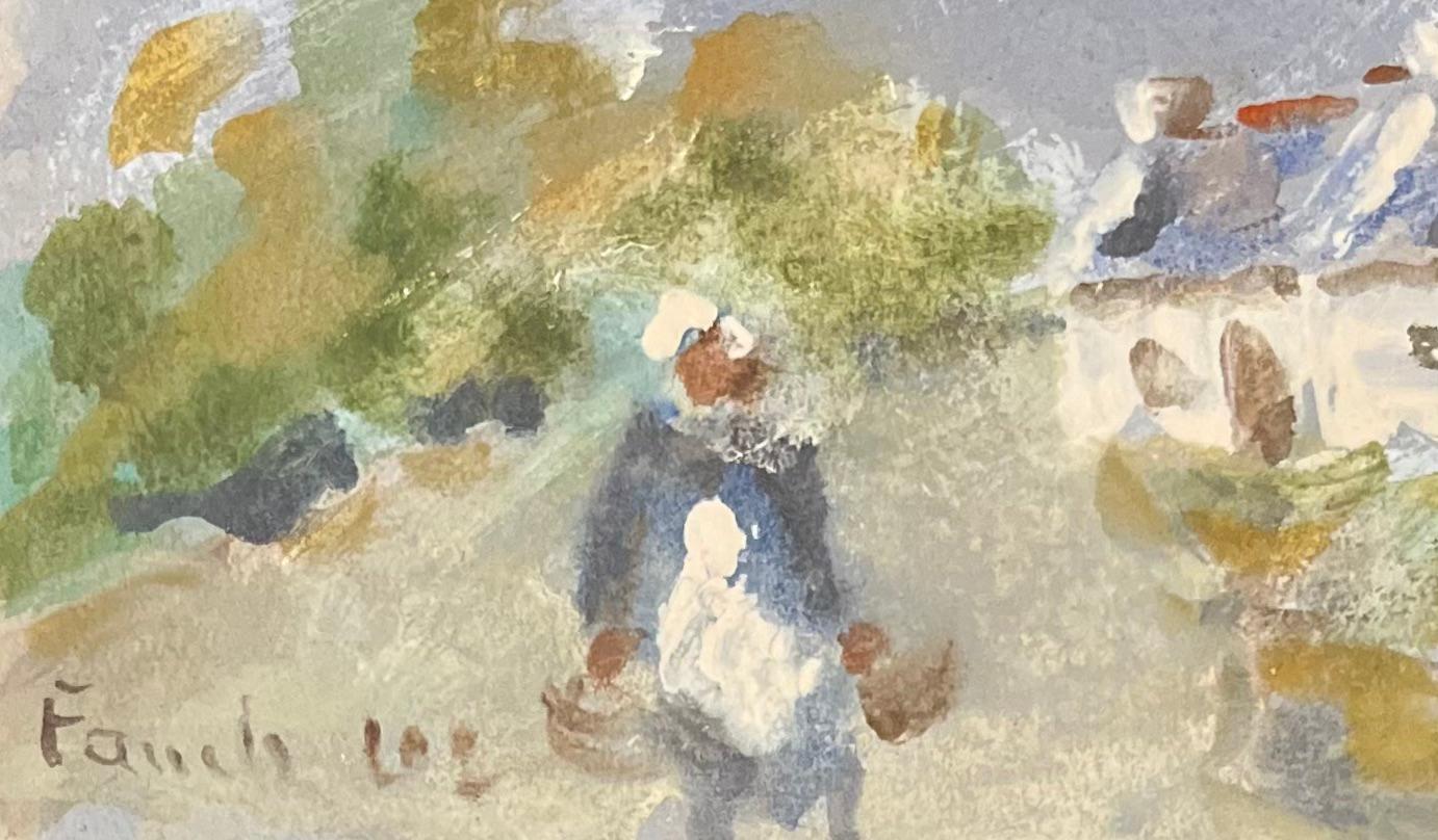 Quadro acrilico impressionista francese raffigurante un contadino vicino a un cottage - Figurative Painting Marrone di Fanch Lel
