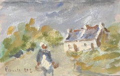 Peinture impressionniste française à l'acrylique d'un fermier près d'un cottage