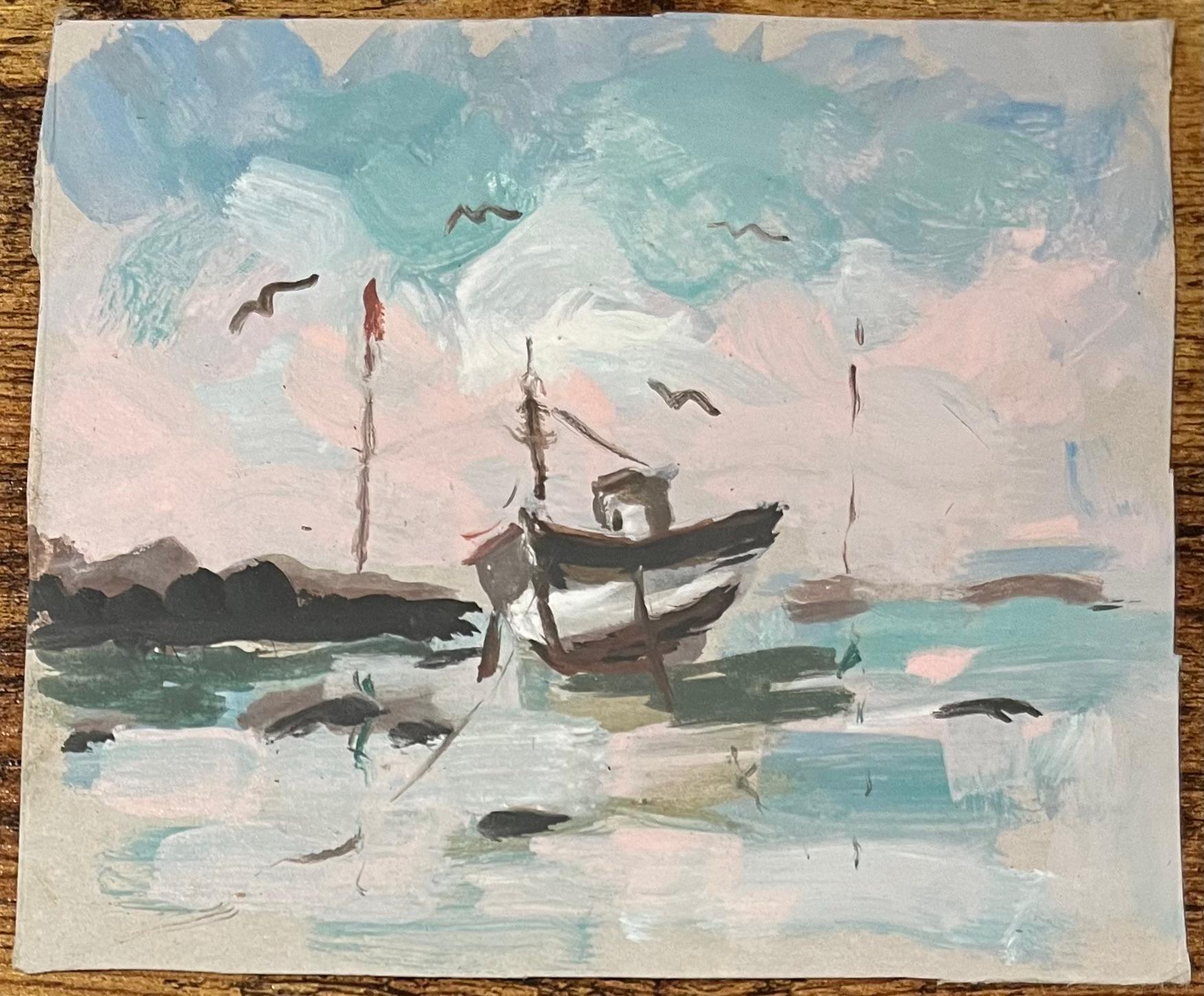 Impresionista francés  Pintura acrílica de un barco solitario en marea baja - Painting de Fanch Lel