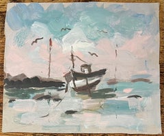 Impresionista francés Pintura acrílica de un barco solitario en marea baja