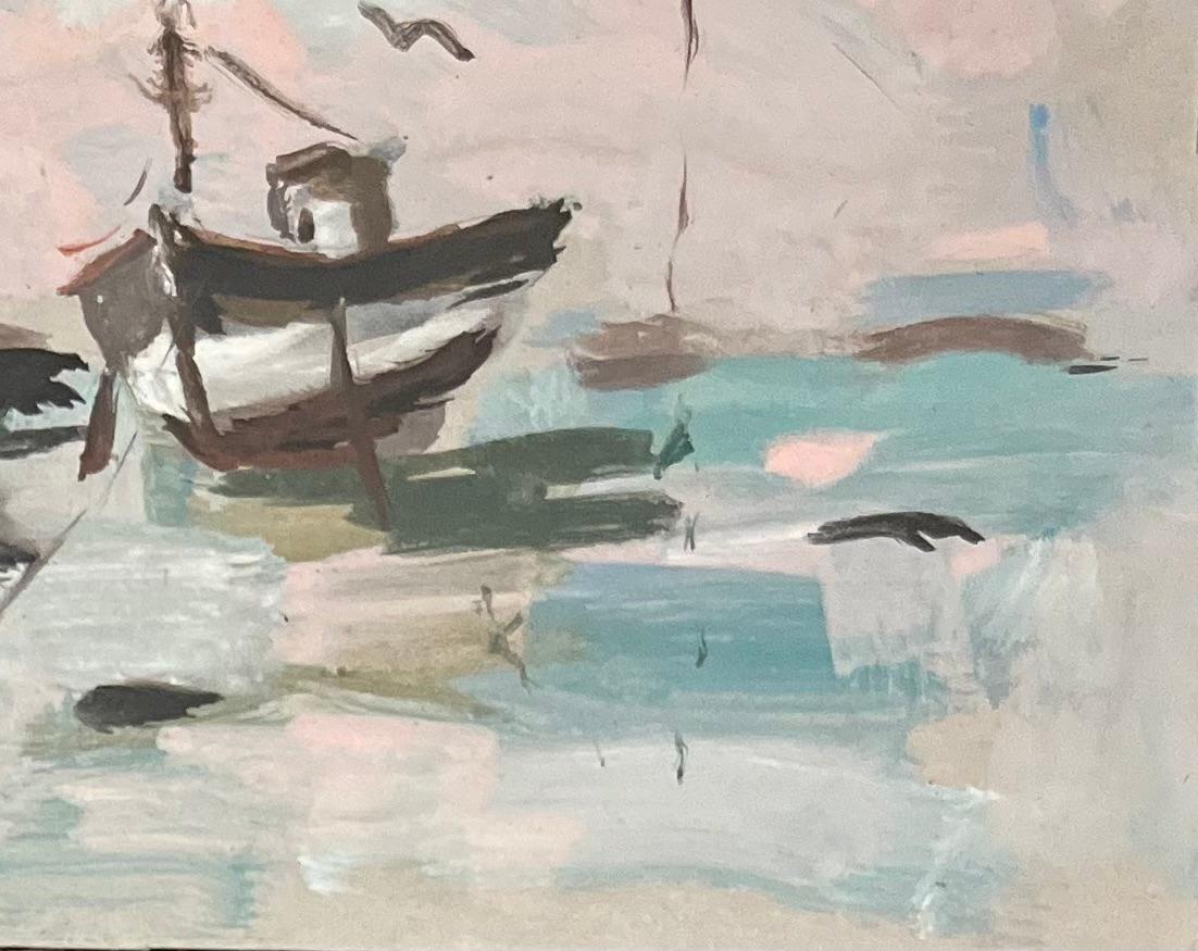 Impresionista francés  Pintura acrílica de un barco solitario en marea baja - Figurative Painting Gris de Fanch Lel