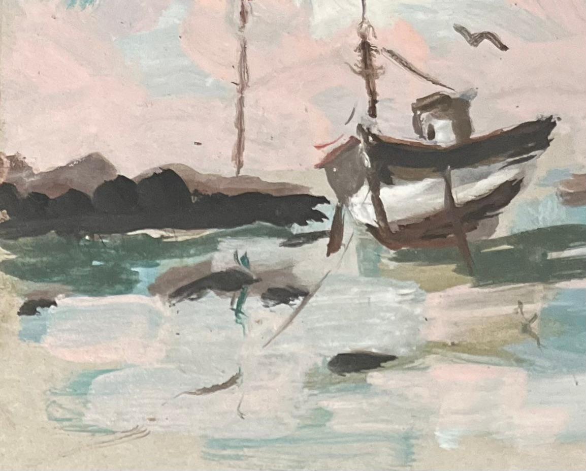 Título: Impresionista francés  Pintura acrílica de un barco solitario en marea baja
Por Fanch Lel (francés, 1930)
Tamaño: 6,25 x 7,25 pulgadas (alto x ancho)
Pintura al óleo sobre cartulina, sin enmarcar
Estado de conservación: El cuadro está en