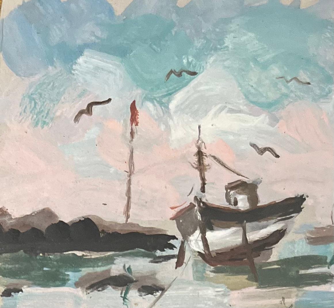 Impresionista francés  Pintura acrílica de un barco solitario en marea baja en venta 1