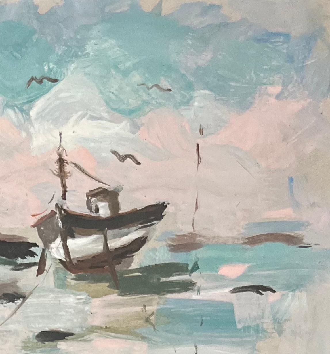 Impresionista francés  Pintura acrílica de un barco solitario en marea baja en venta 2
