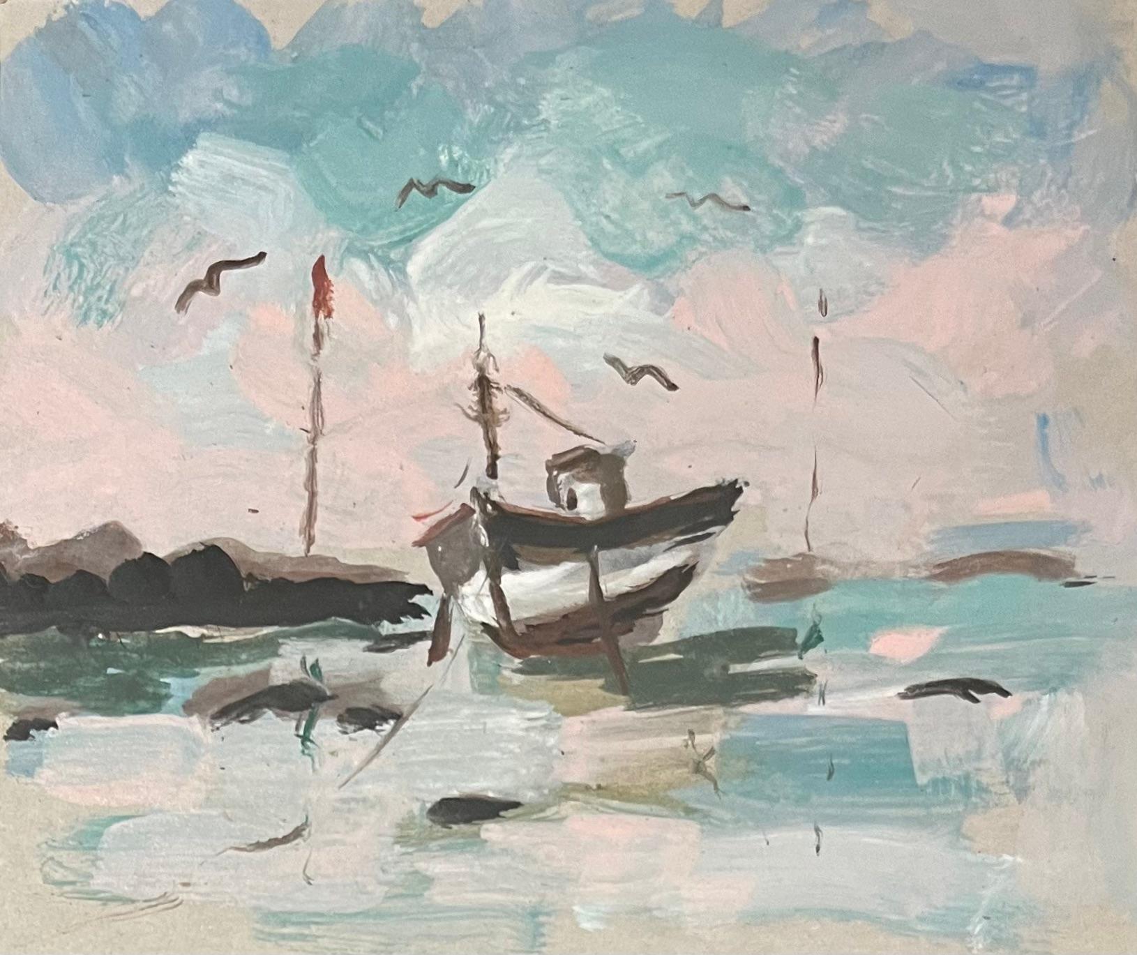 Figurative Painting de Fanch Lel - Impresionista francés  Pintura acrílica de un barco solitario en marea baja
