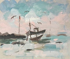 French Impressionist  Acrylic Painting of a Solitary Boat at Low Tide