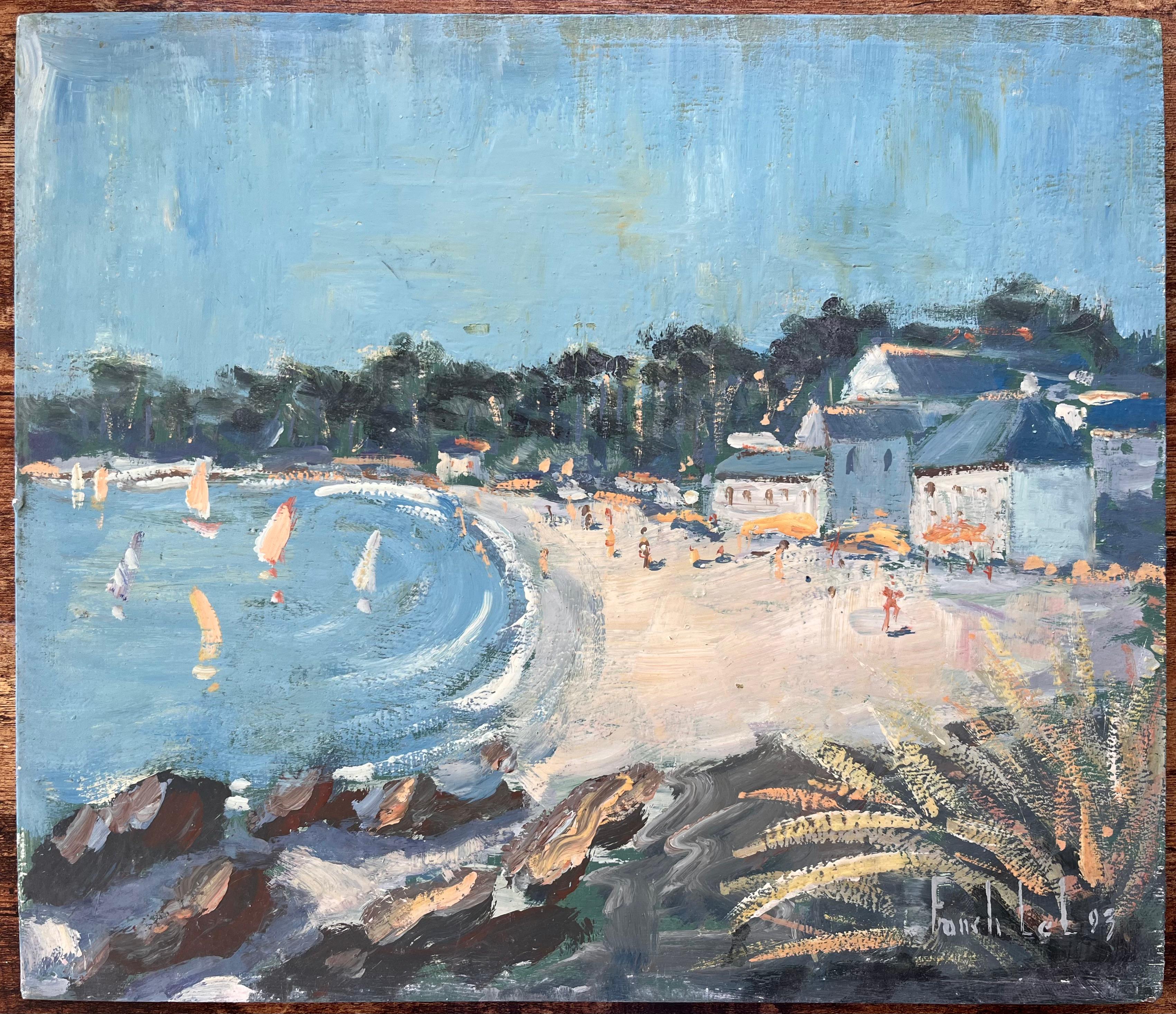 Französischer Impressionismus Strandszene mit Segelbooten und Promenade – Painting von Fanch Lel