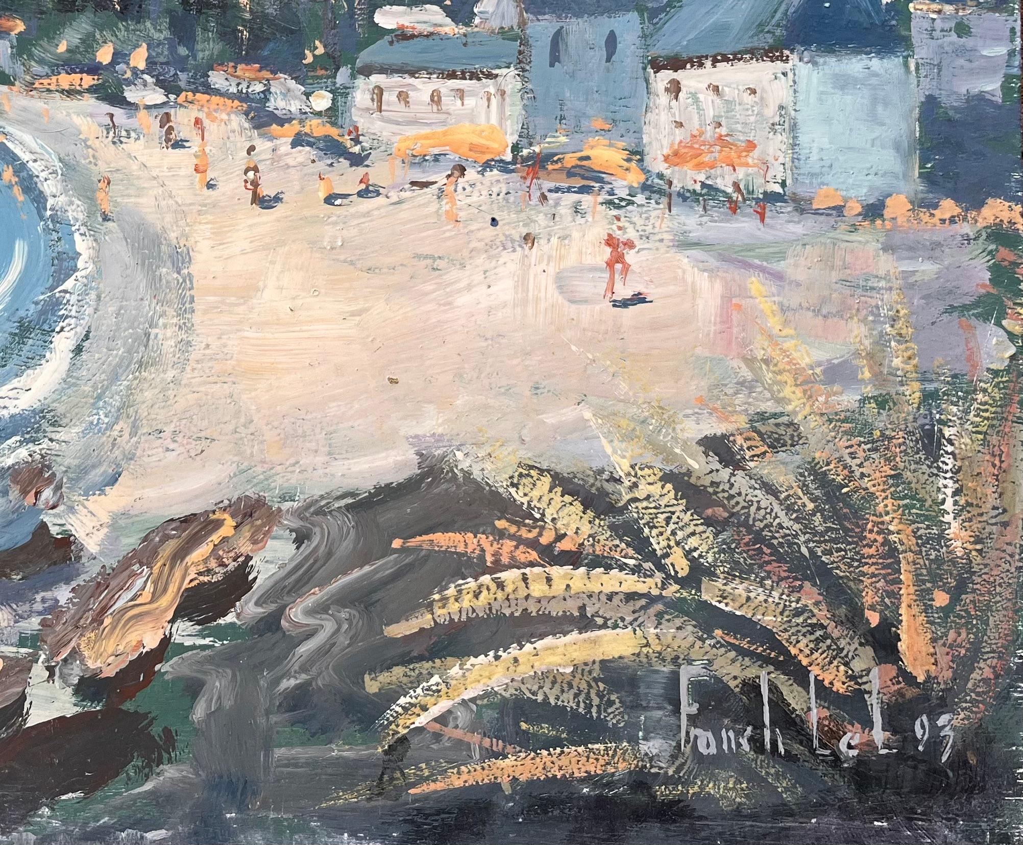 Französischer Impressionismus Strandszene mit Segelbooten und Promenade (Blau), Abstract Painting, von Fanch Lel