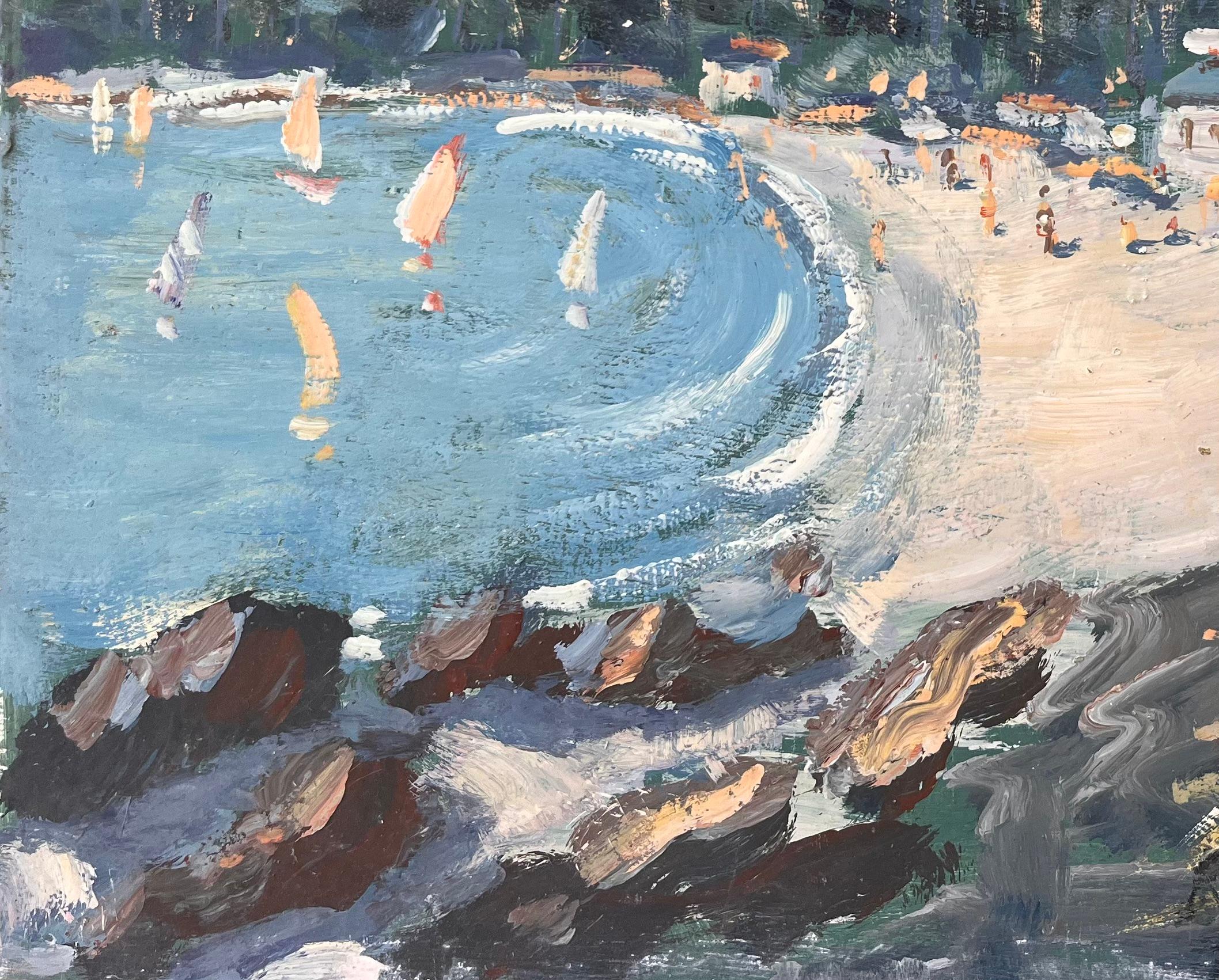 Titel: Französischer Impressionismus - Strandszene mit Segelbooten und Promenade
Von Fanch Lel
Unterschrieben: Ja
Größe: 13,5 x 16 Zoll (Höhe x Breite)
Ölgemälde auf Karton, ungerahmt
Zustand: Das Gemälde ist in gutem Zustand mit ausdrucksstarker