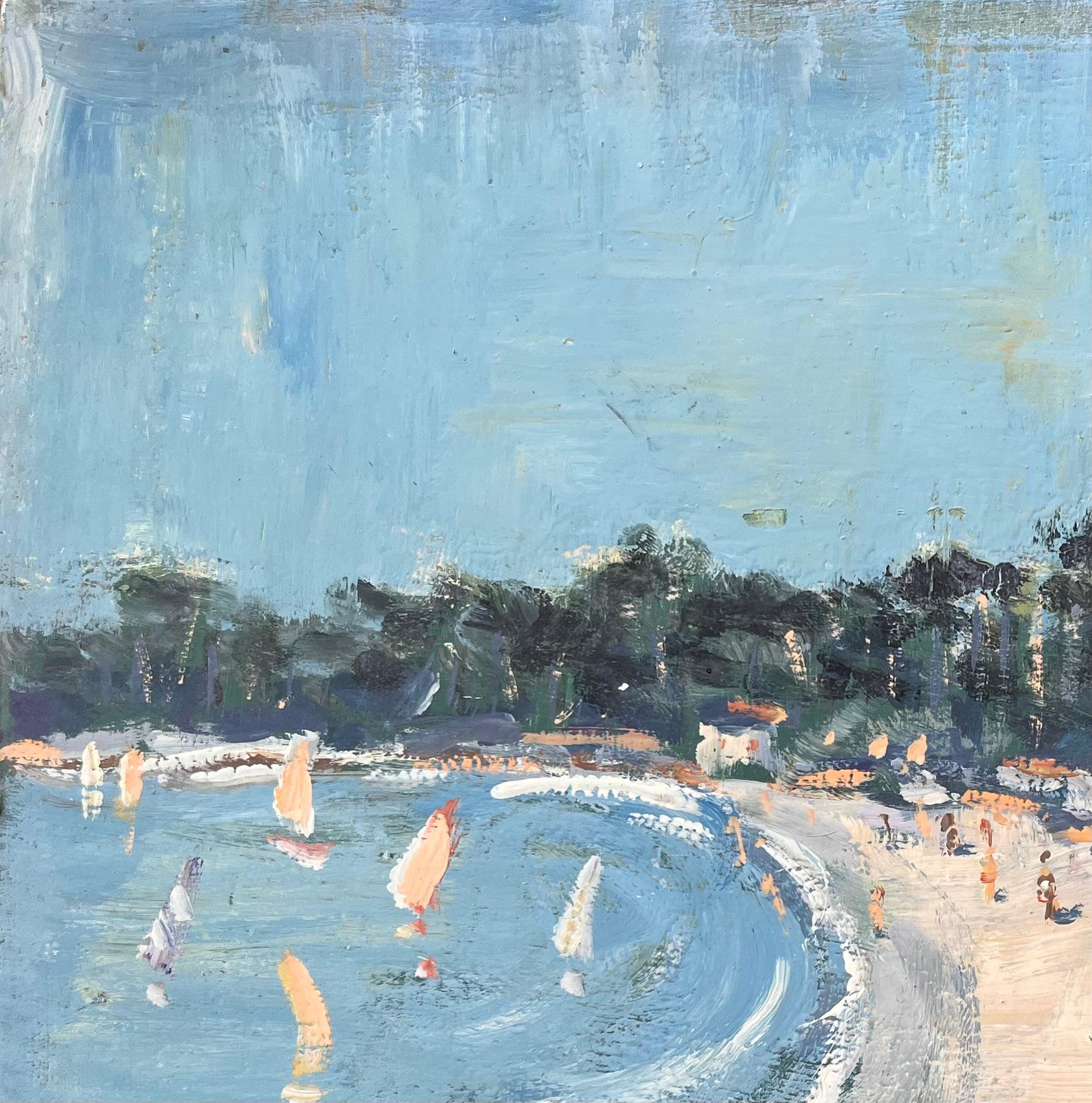 Französischer Impressionismus Strandszene mit Segelbooten und Promenade im Angebot 1
