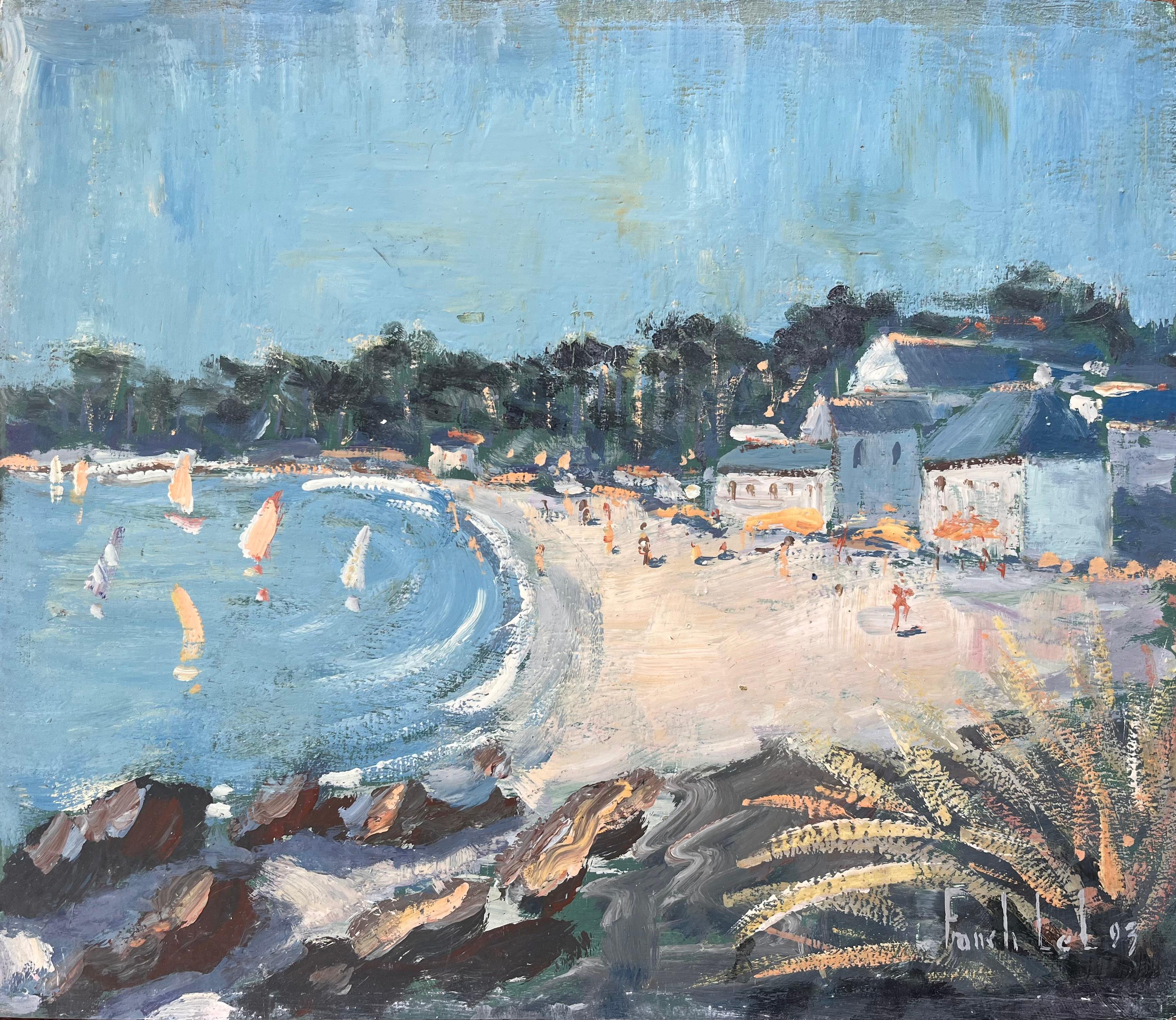 Scène de plage impressionniste française avec voiliers et promenade