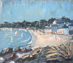 French Impressionist Beach Scene with Sailboats and Promenade