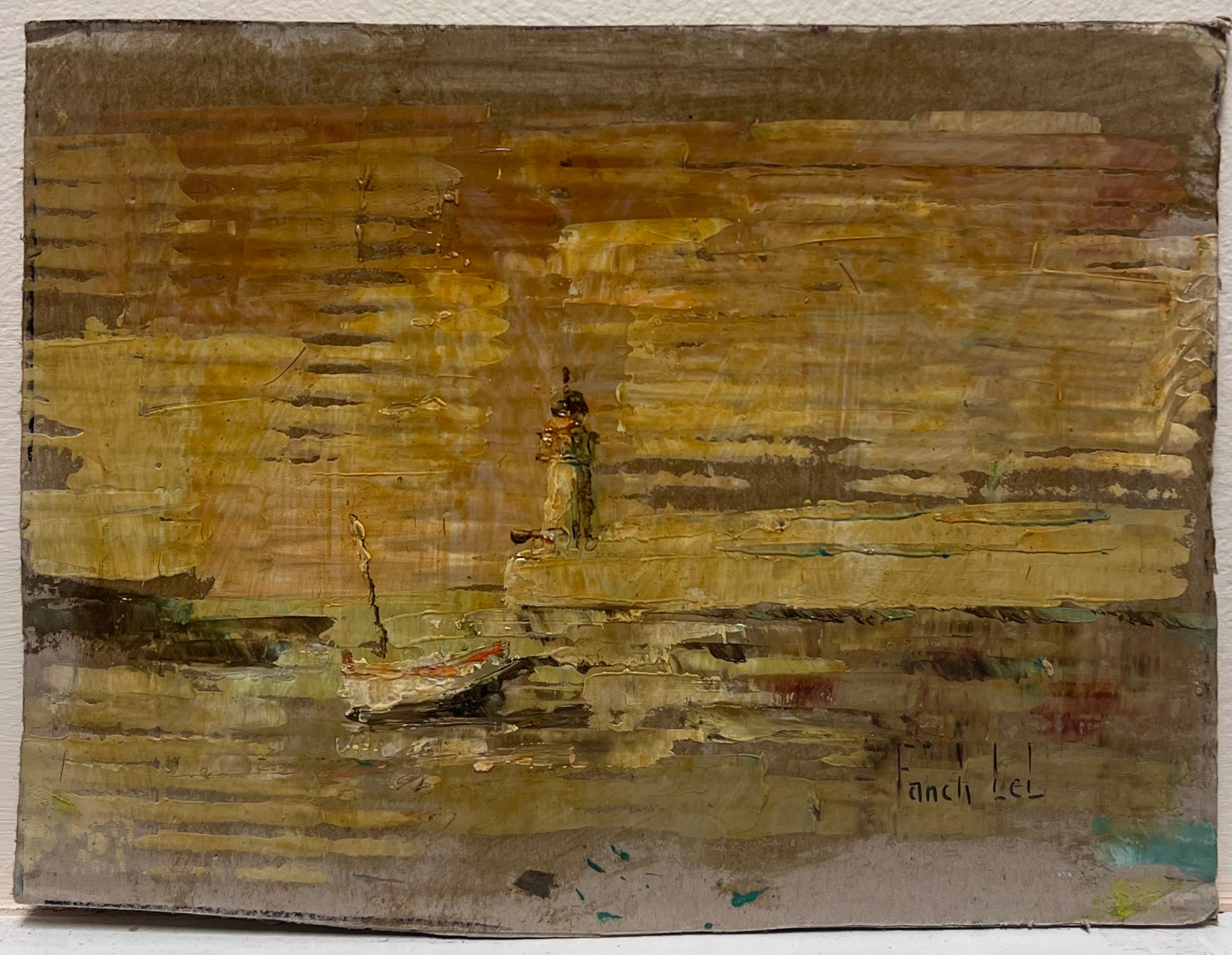 Impressionista francese Barca in riva ferma nel Faro Tramonto d'oro Olio - Painting di Fanch Lel