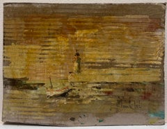 French Impressionist Boat In Still Shore in the Lighthouse Golden Sunset Oil