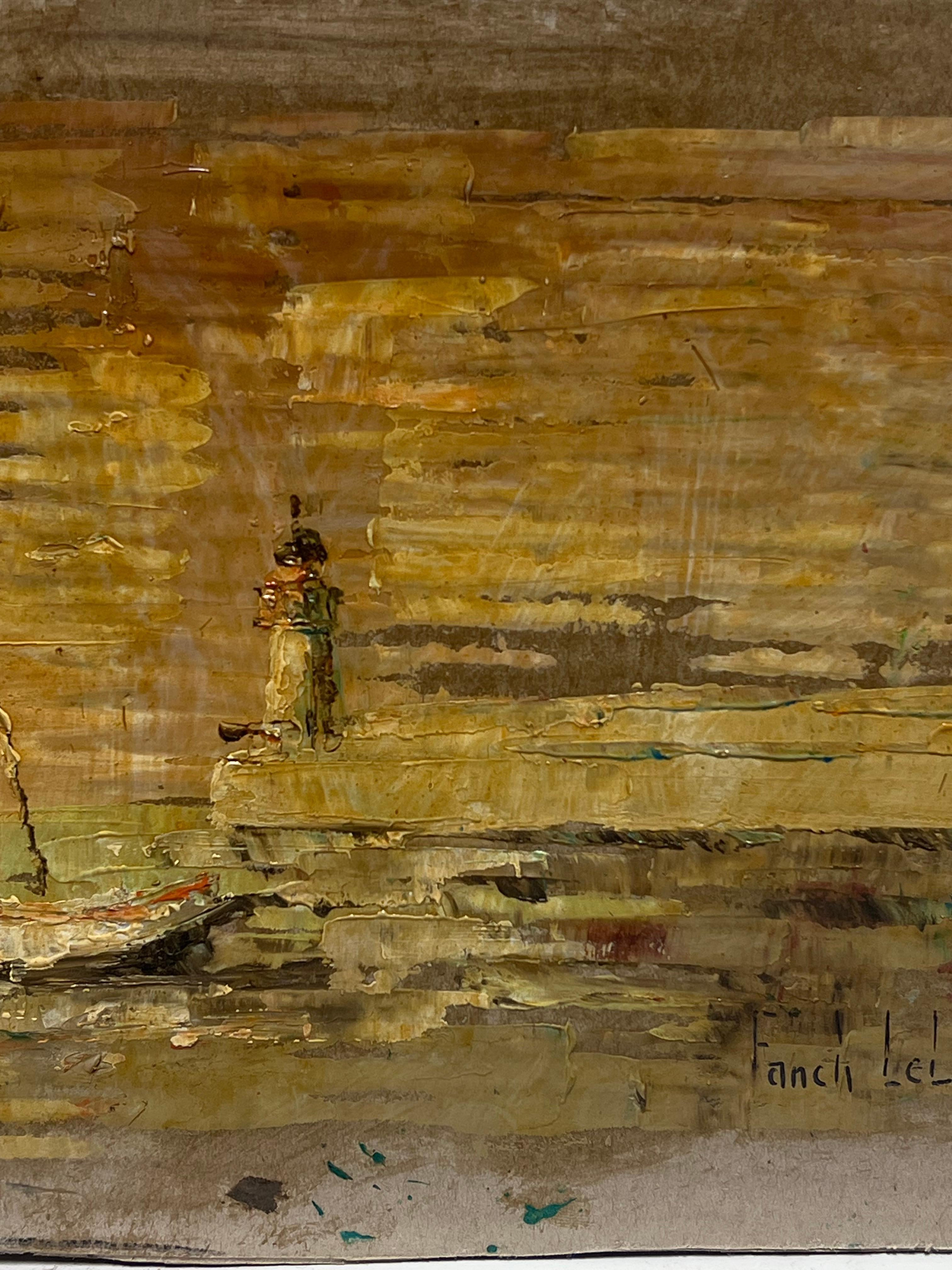 Impressionista francese Barca in riva ferma nel Faro Tramonto d'oro Olio - Painting Impressionismo di Fanch Lel