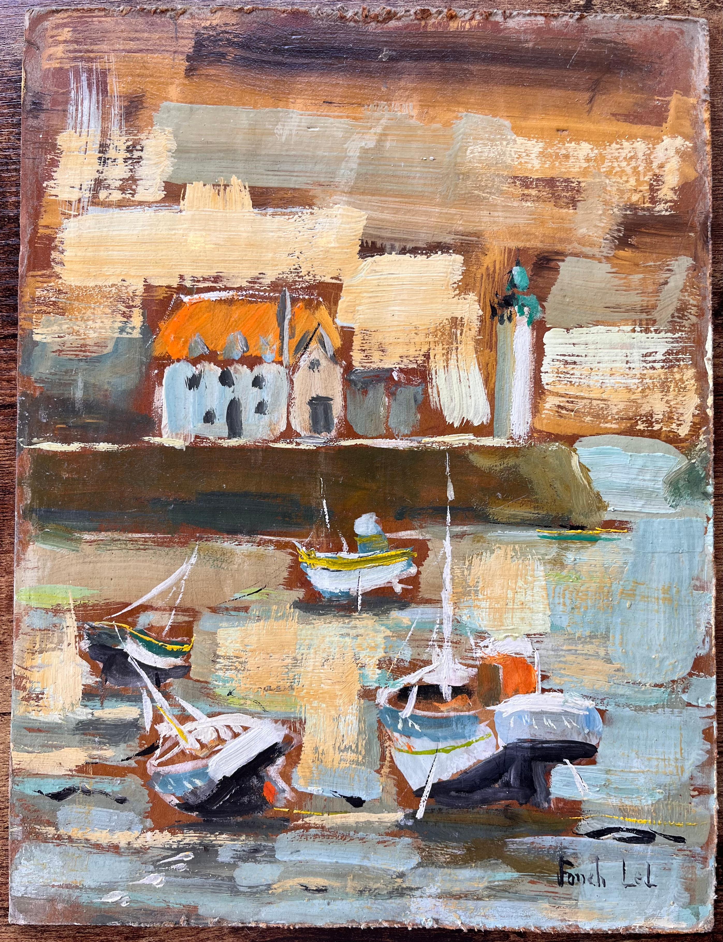 Französische impressionistische Boote und Leuchtturm-Szene auf der bretonischen Belle Île – Painting von Fanch Lel