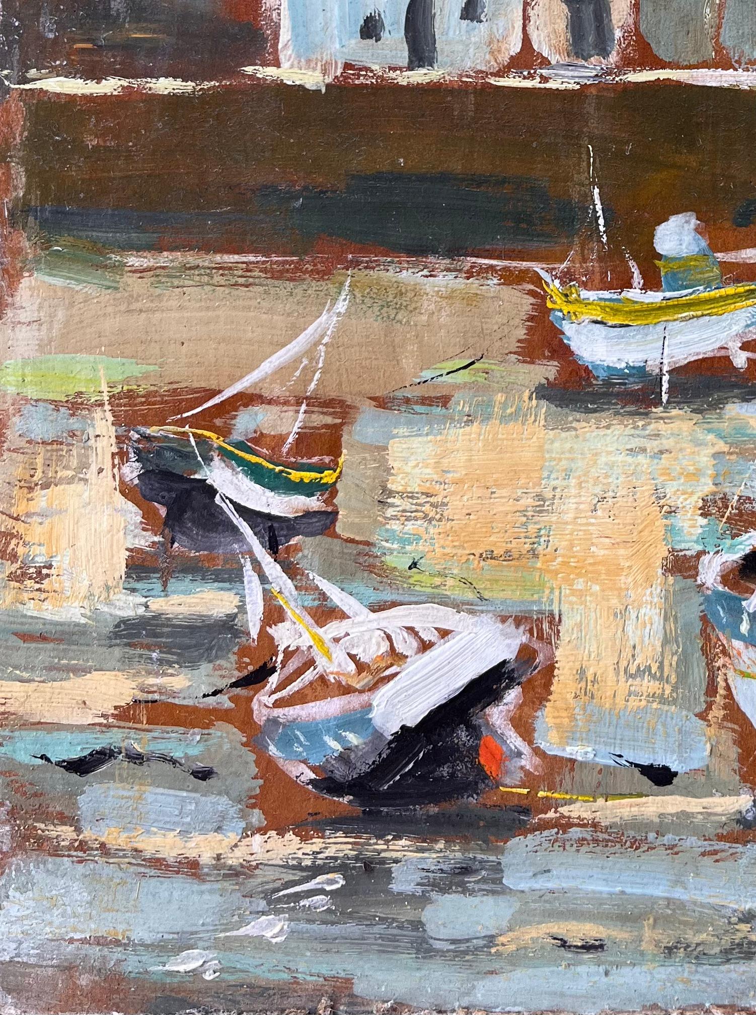 Französische impressionistische Boote und Leuchtturm-Szene auf der bretonischen Belle Île (Braun), Landscape Painting, von Fanch Lel