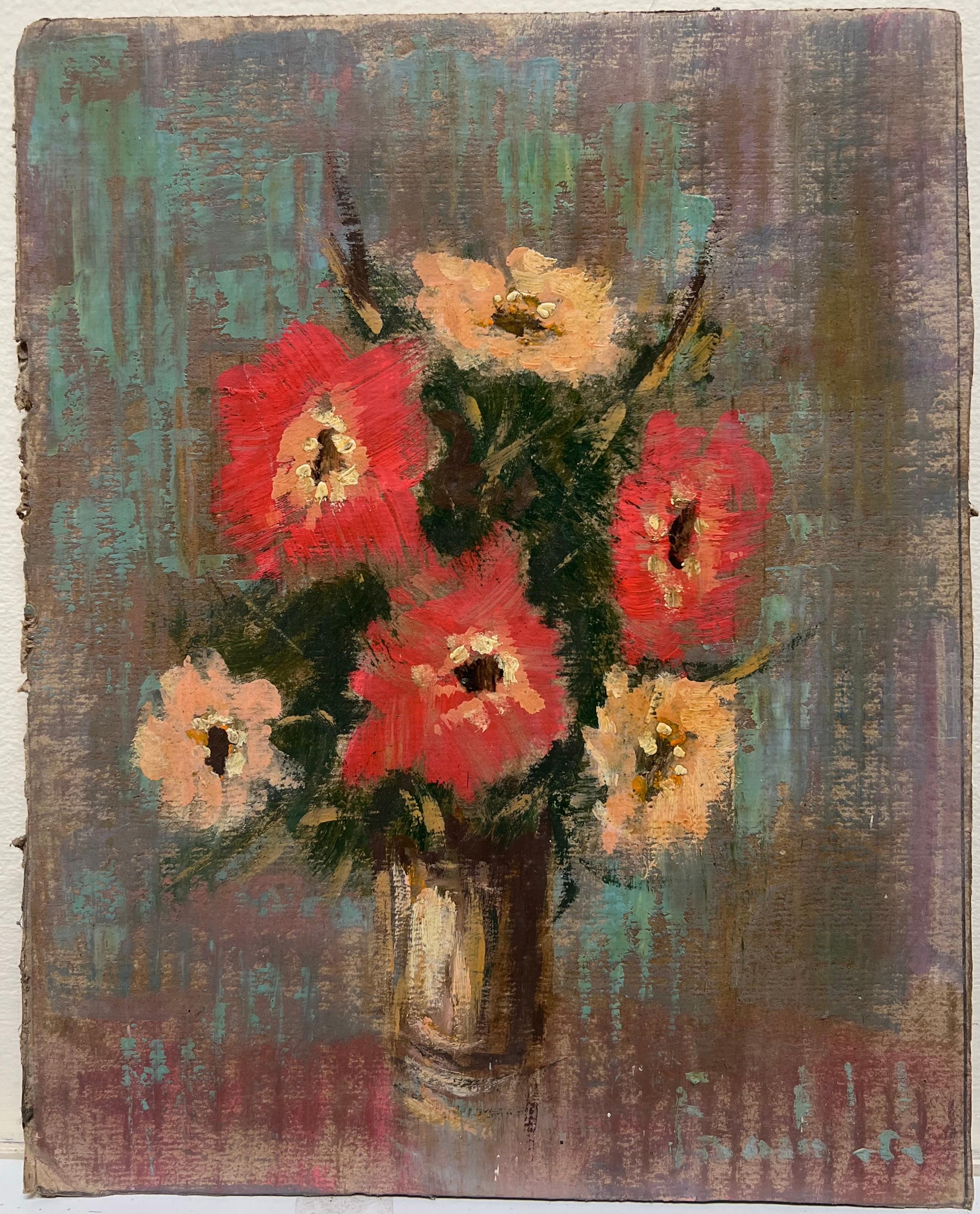 Französischer impressionistischer Blumenstrauß aus roten und pfirsichfarbenen Blumen in einer kleinen Bronzevase – Painting von Fanch Lel