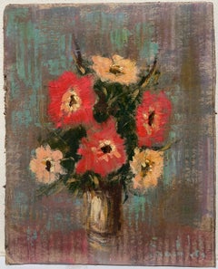 French Impressionist Bouquet of Red and Peach Flowers in a Small Bronze Vase
