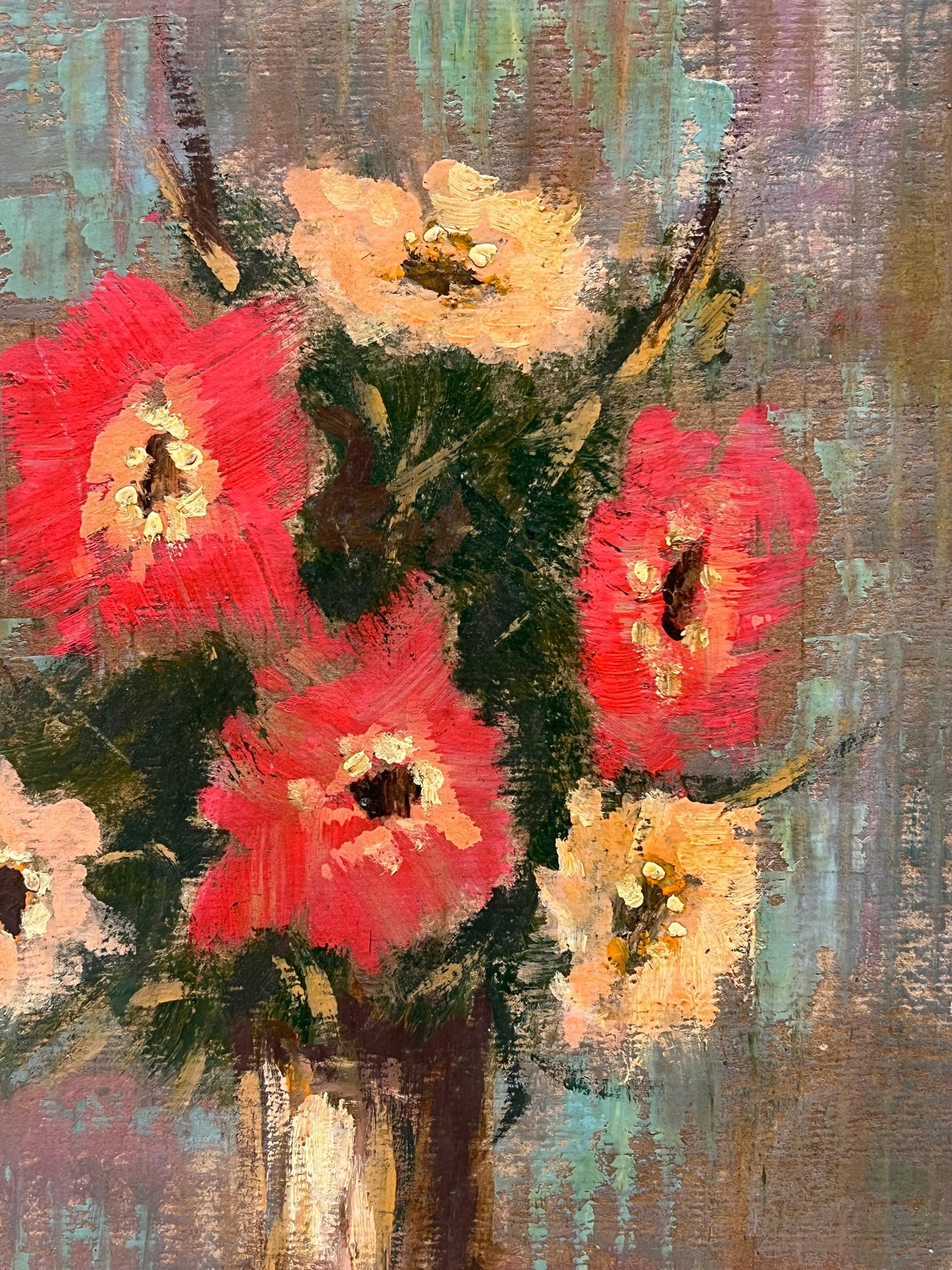 Französischer impressionistischer Blumenstrauß aus roten und pfirsichfarbenen Blumen in einer kleinen Bronzevase (Impressionismus), Painting, von Fanch Lel