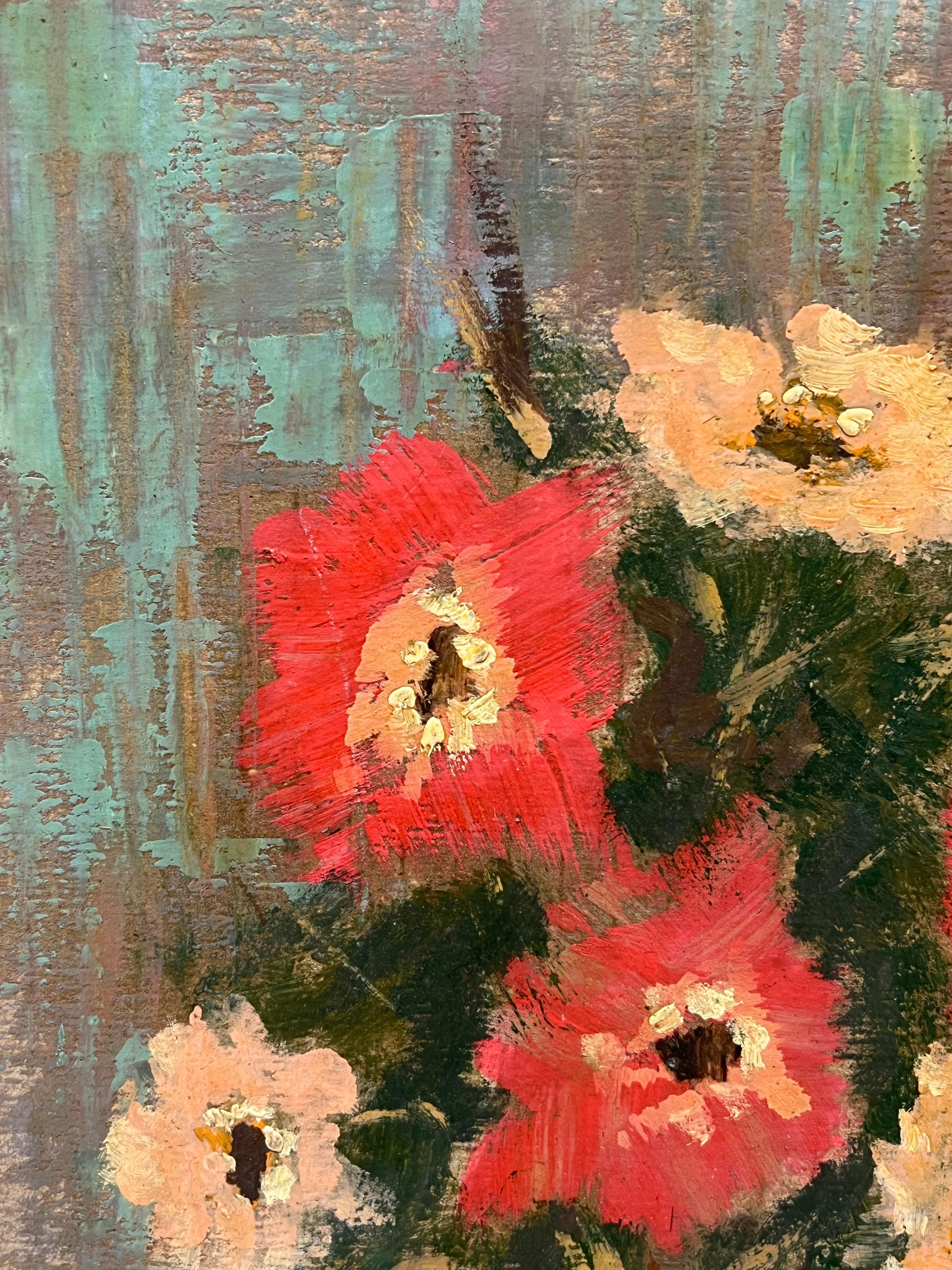 Französischer impressionistischer Blumenstrauß aus roten und pfirsichfarbenen Blumen in einer kleinen Bronzevase (Orange), Still-Life Painting, von Fanch Lel