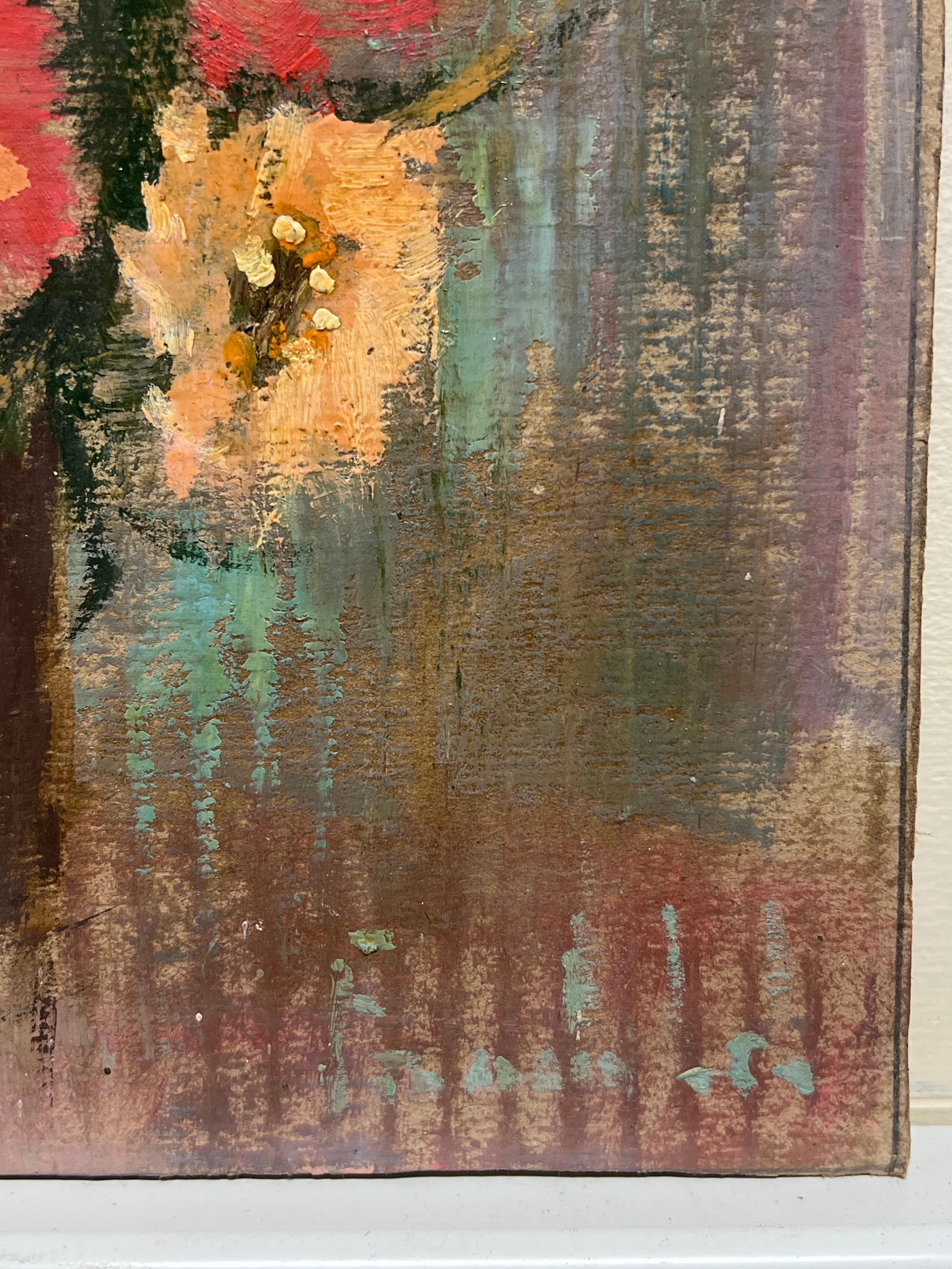 Französischer impressionistischer Blumenstrauß aus roten und pfirsichfarbenen Blumen in einer kleinen Bronzevase im Angebot 1