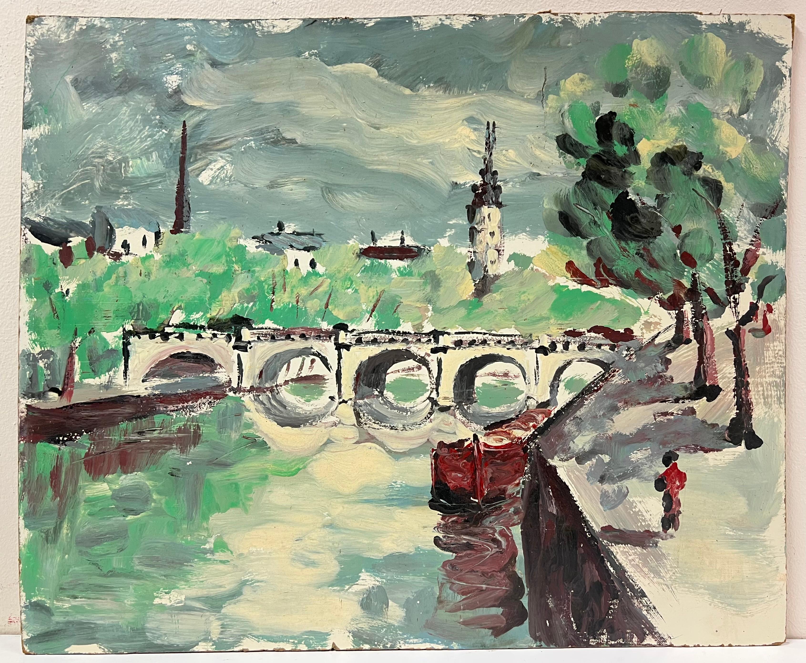Ponte impressionista francese sulla Senna Percorso parigino Paesaggio - Painting di Fanch Lel