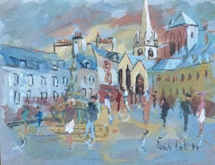 French Impressionist Bustling Market Square Scene with Church Spire