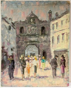Französische impressionistische Busy-Szene mit bewegenden Figuren im Dorf Gateway, Impressionismus