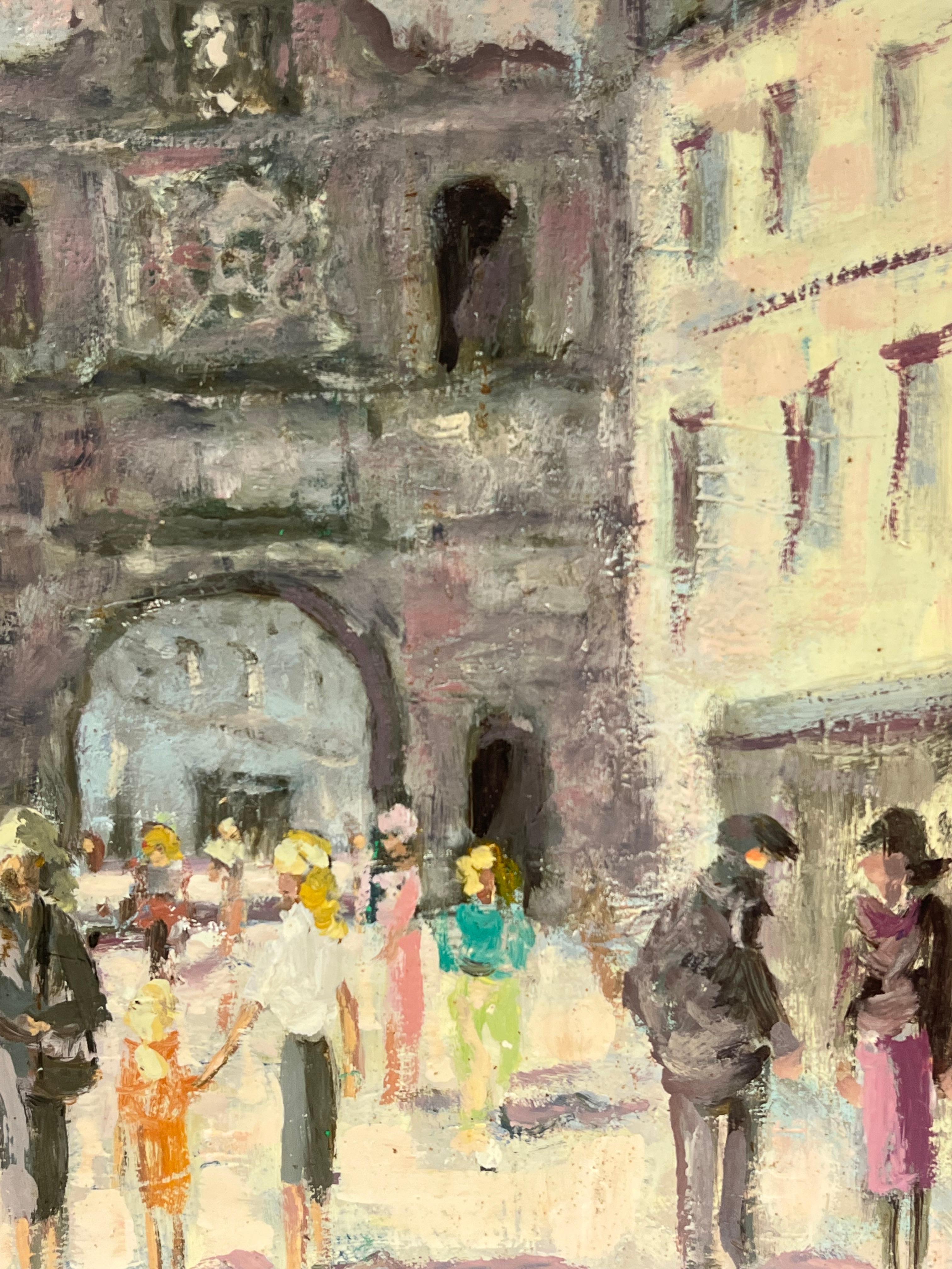 Scena impressionista francese con figure che passeggiano attraverso la porta del villaggio - Painting Impressionismo di Fanch Lel
