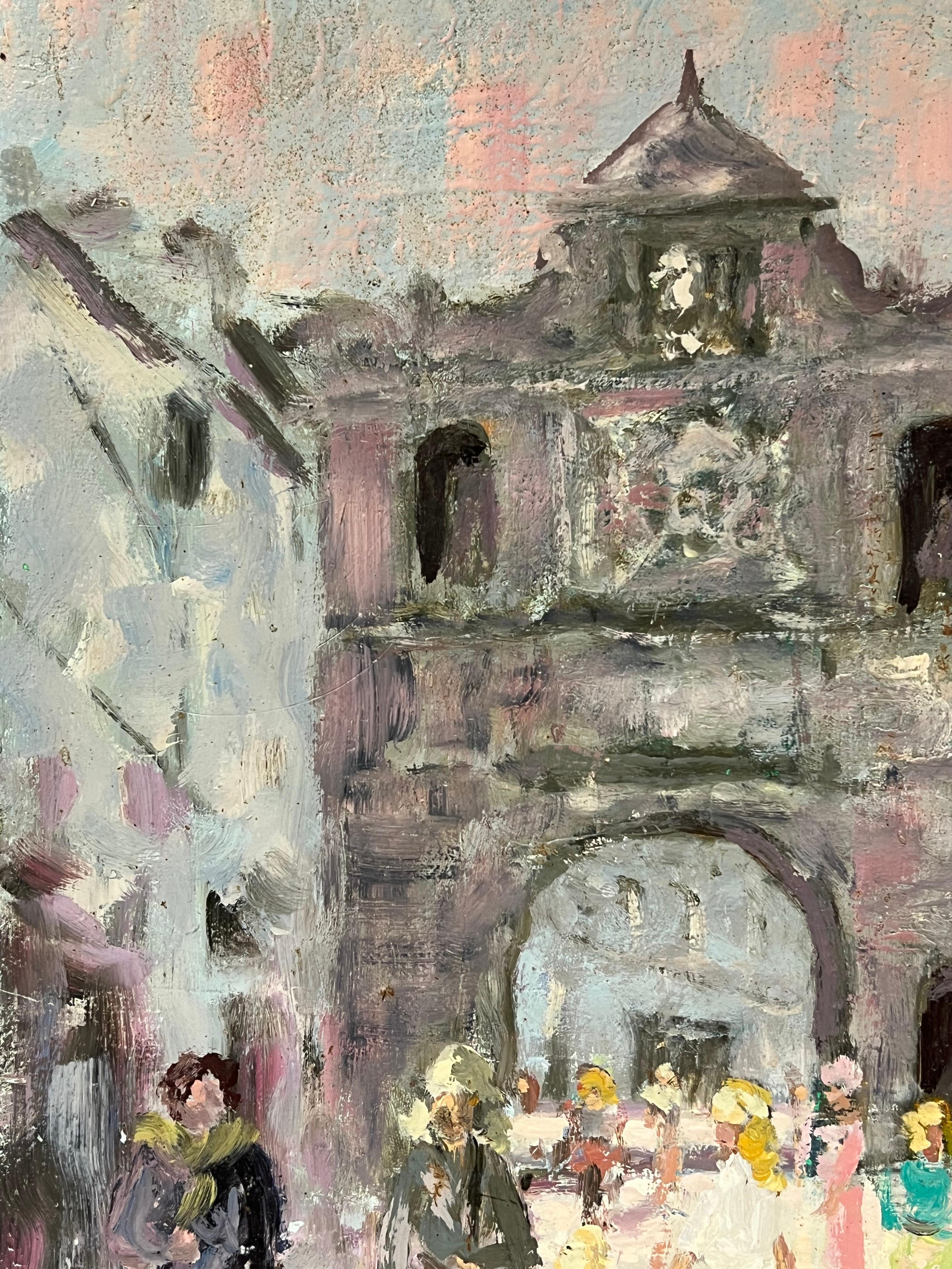 Scena impressionista francese con figure che passeggiano attraverso la porta del villaggio - Landscape Painting Marrone di Fanch Lel