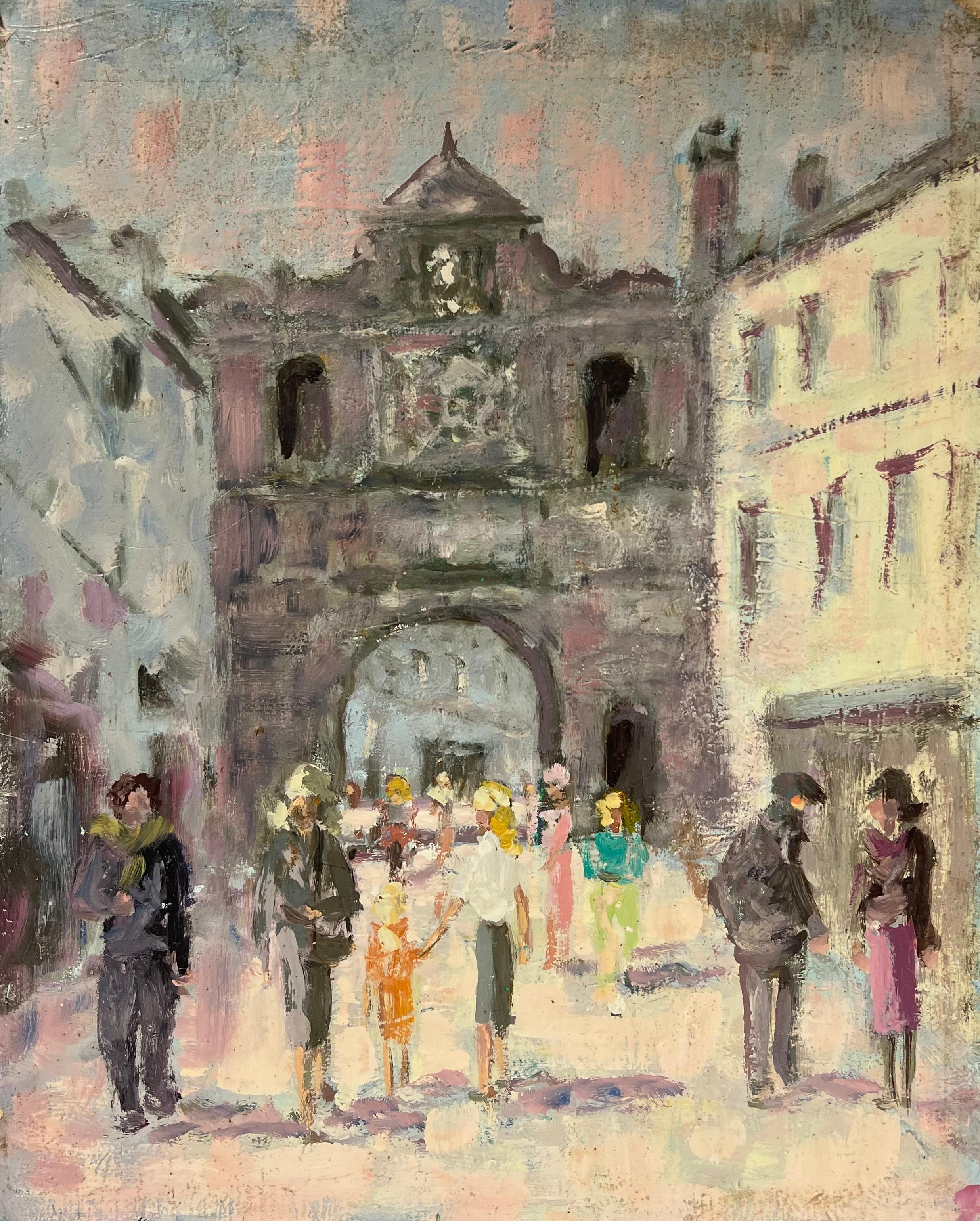 Landscape Painting di Fanch Lel - Scena impressionista francese con figure che passeggiano attraverso la porta del villaggio