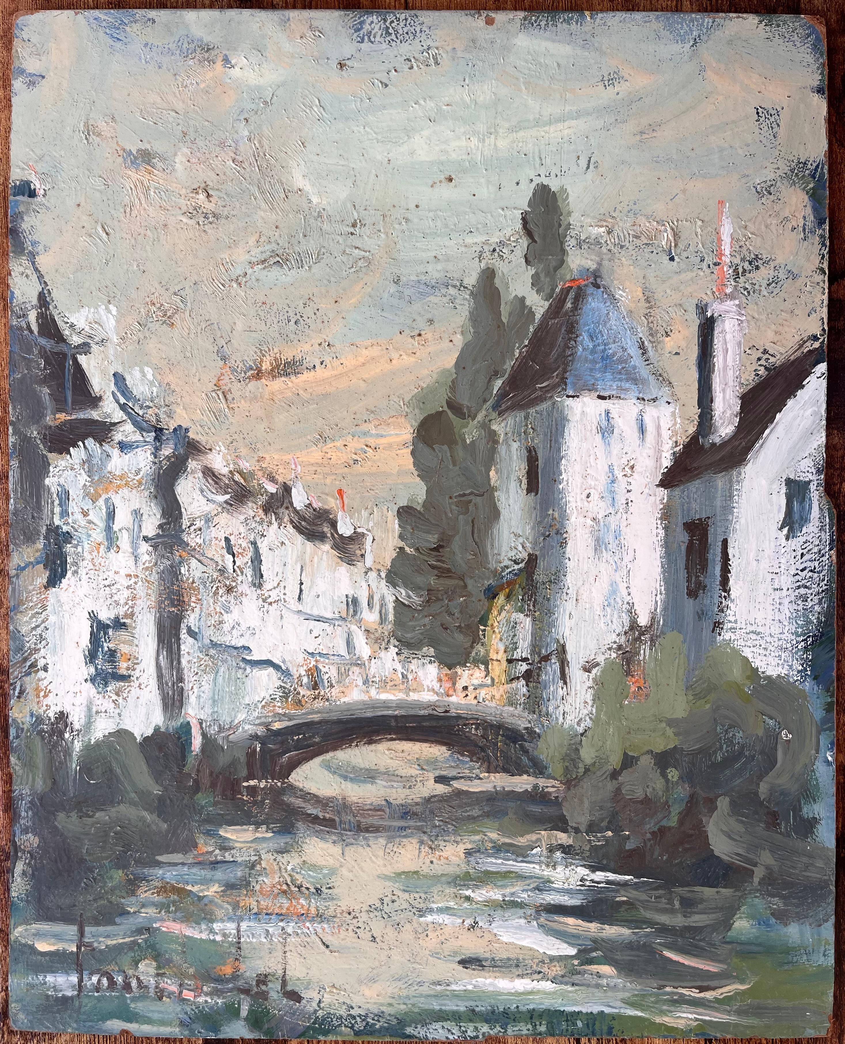 French Impressionist Canal Scene with Bridge and Whitewashed Houses - Painting by Fanch Lel