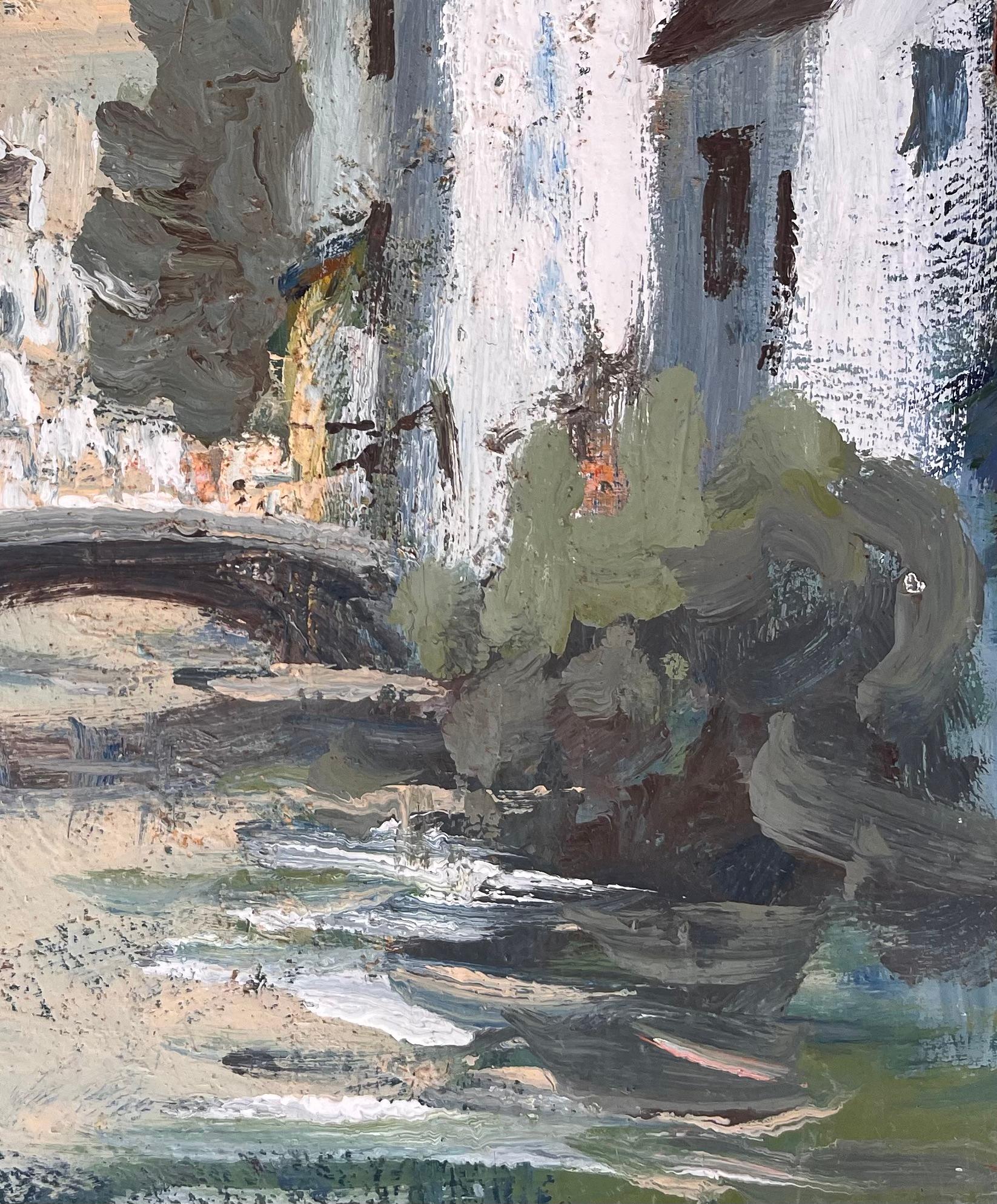 French Impressionist Canal Scene with Bridge and Whitewashed Houses - Gray Landscape Painting by Fanch Lel