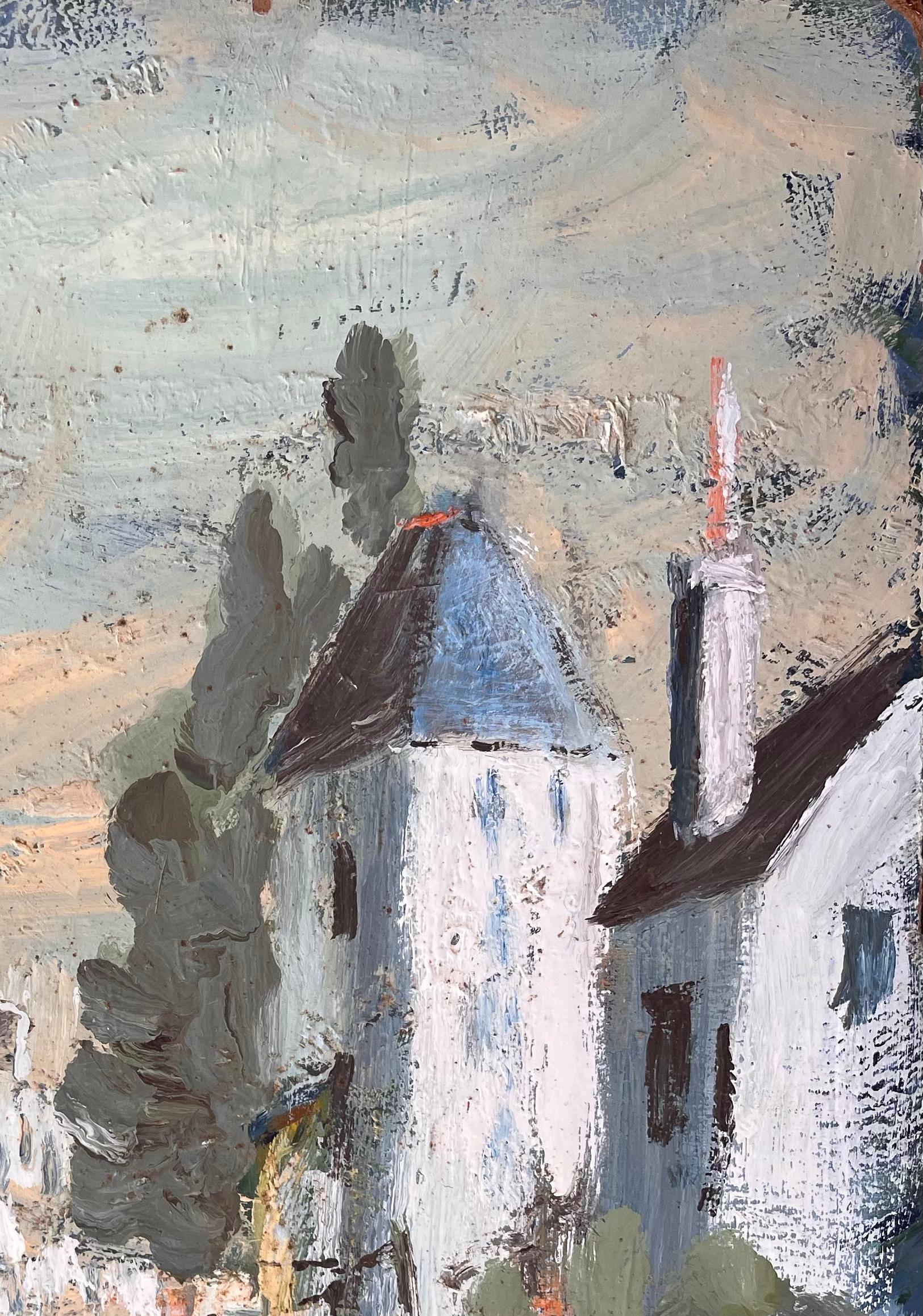 Title: French Impressionist Canal Scene with Bridge and Whitewashed Houses
By Fanch Lel
Signed: Yes
Size: 16.25 x 13 inches (height x width)
Oil painting on board, unframed
Condition: The painting is in good condition with expressive texture