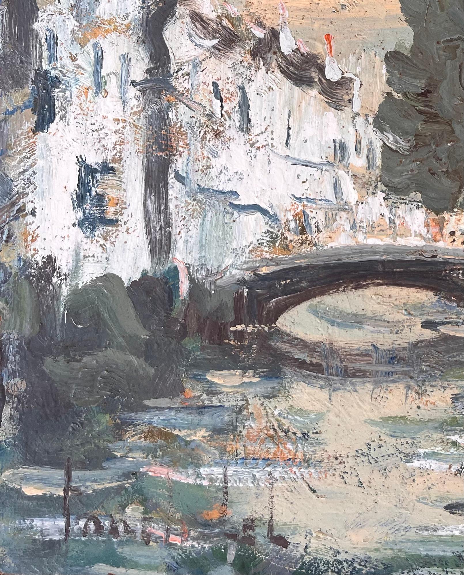 French Impressionist Canal Scene with Bridge and Whitewashed Houses For Sale 1