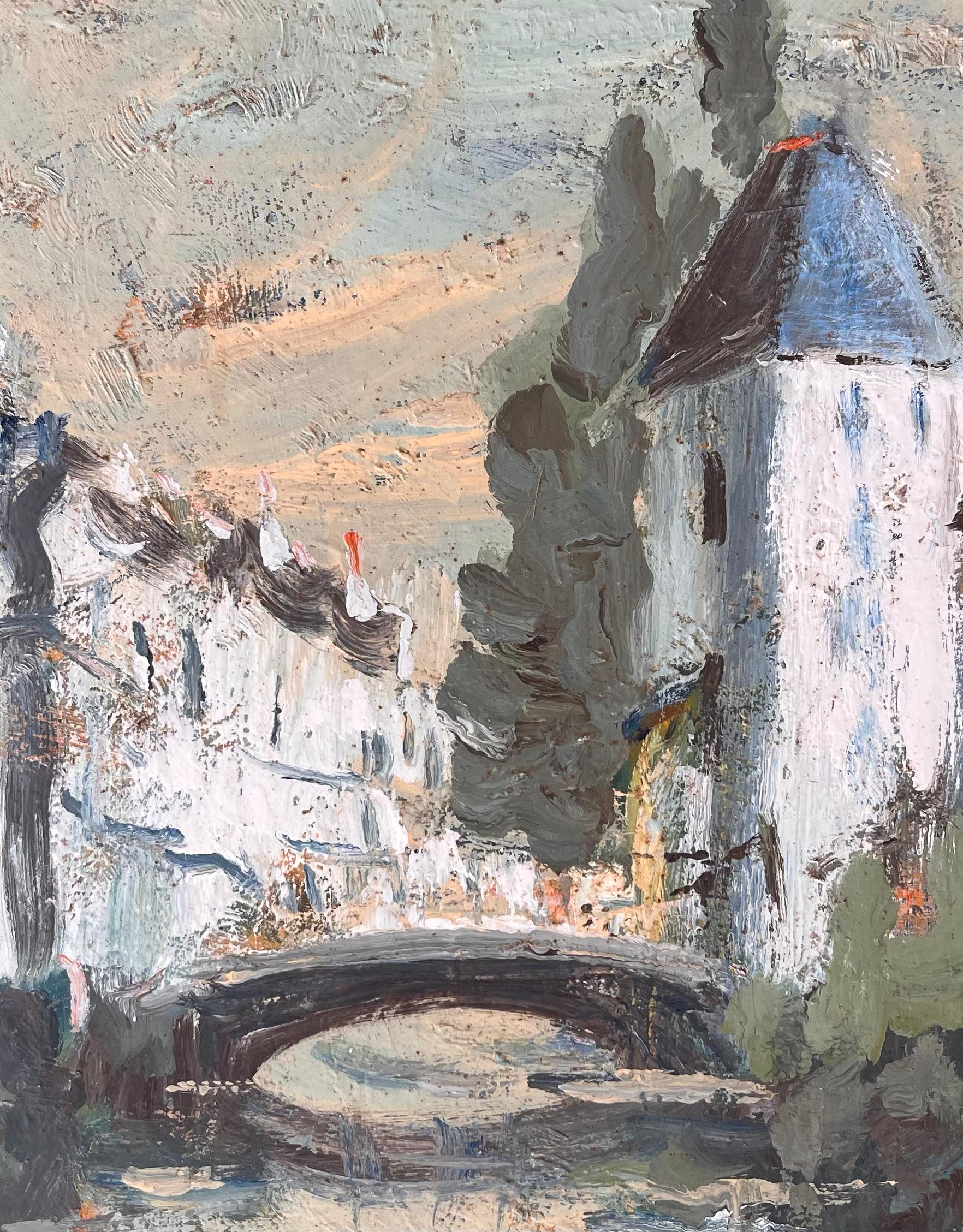 French Impressionist Canal Scene with Bridge and Whitewashed Houses For Sale 3