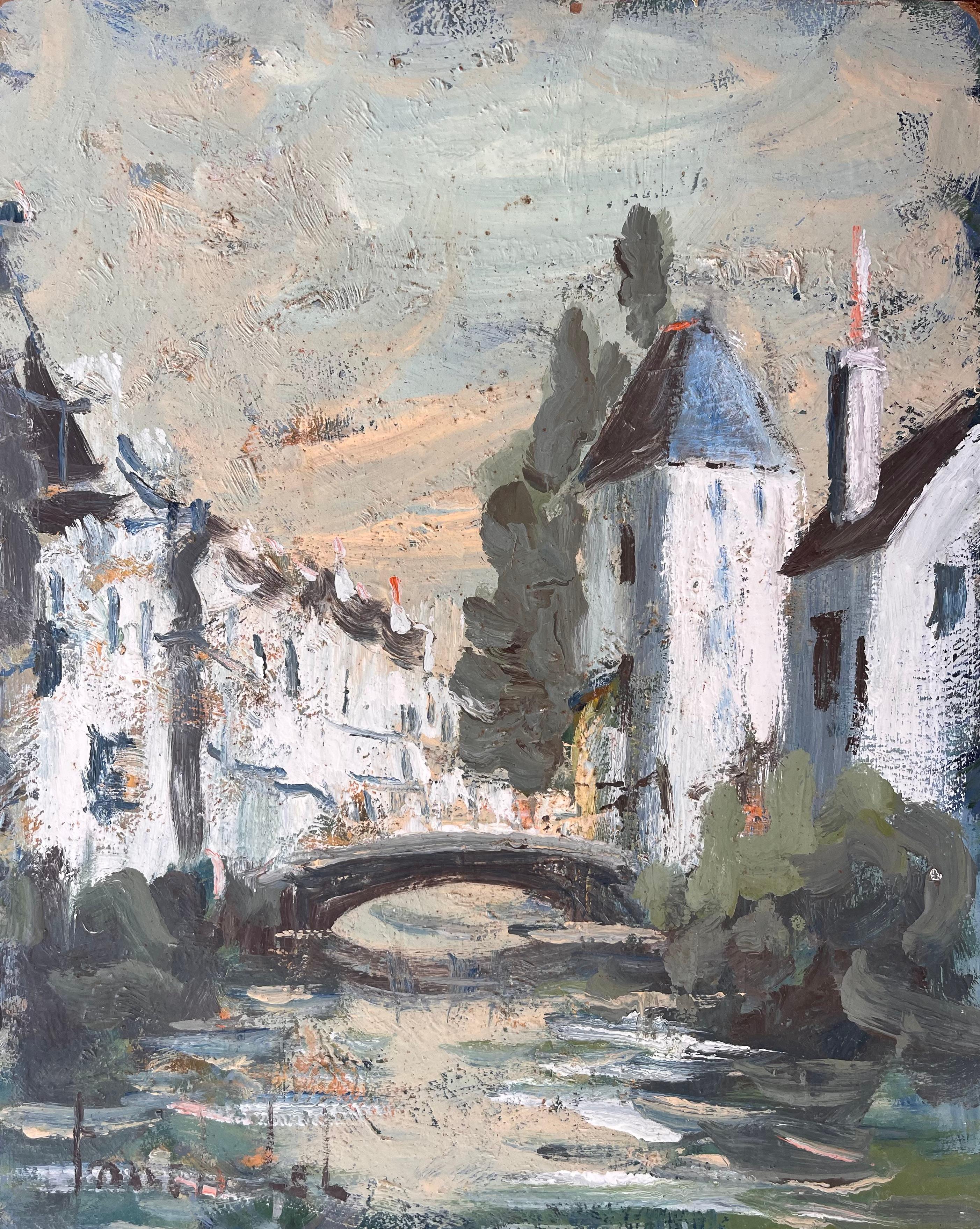 Französische impressionistische Canal-Szene des Impressionismus mit Brücke und getünchten Häusern