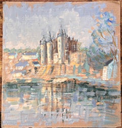 French Impressionist Castle on Riverbank with Reflections and Village
