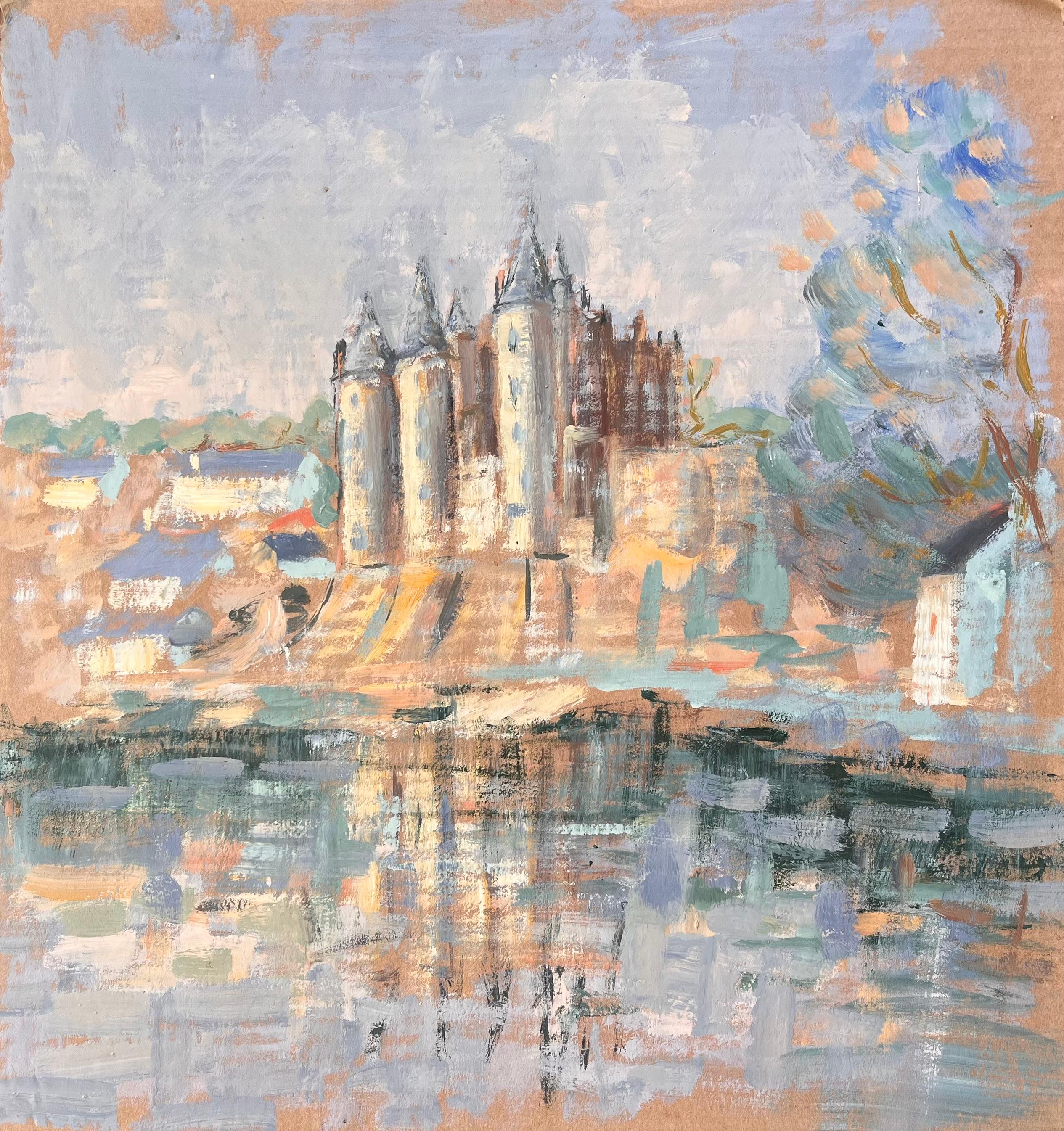 French Impressionist Castle on Riverbank with Reflections and Village