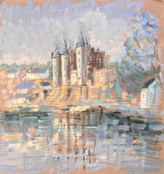 French Impressionist Castle on Riverbank with Reflections and Village