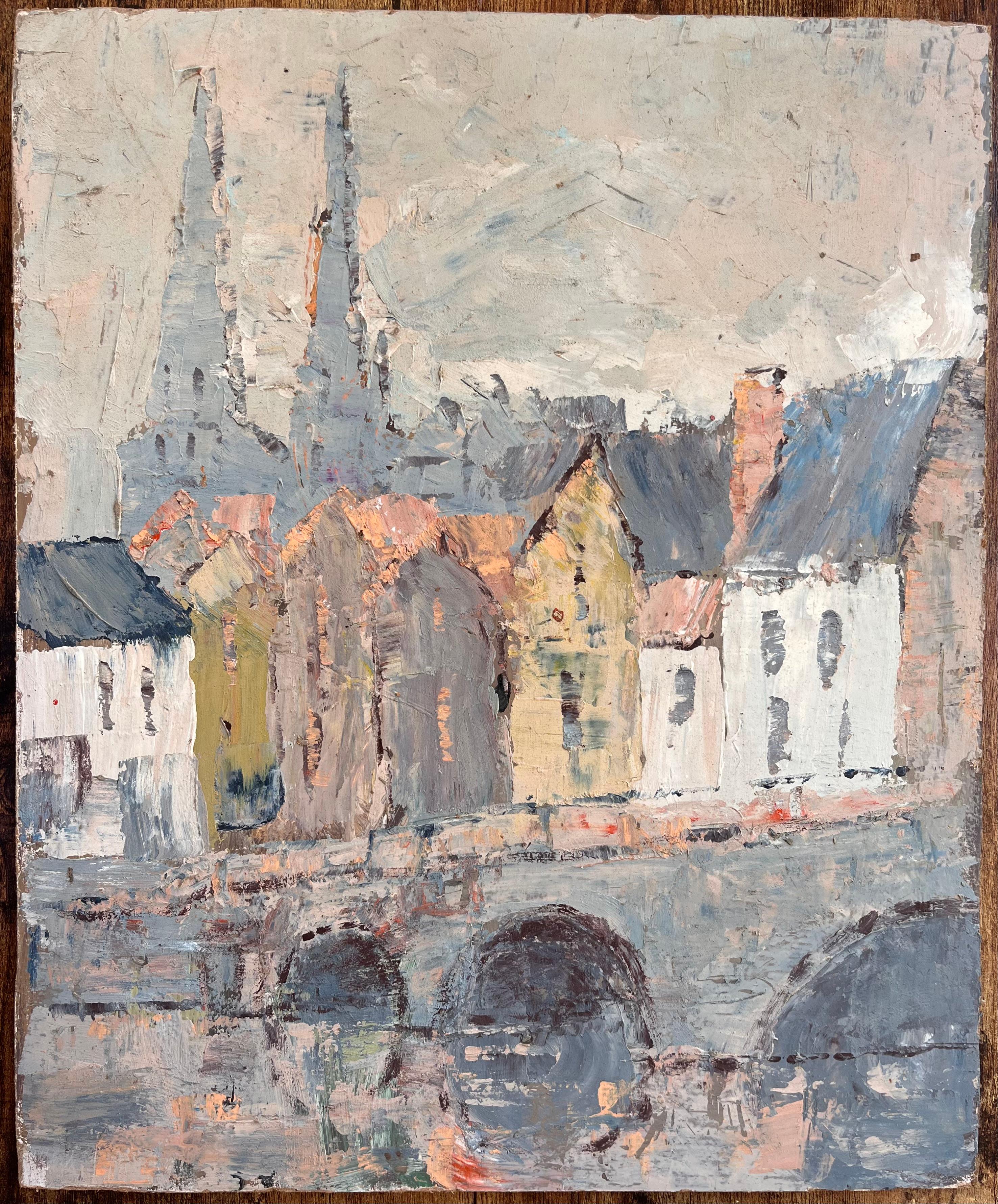 Französischer Impressionist Kathedrale und Brücke Szene mit weichen Pastell Palette – Painting von Fanch Lel