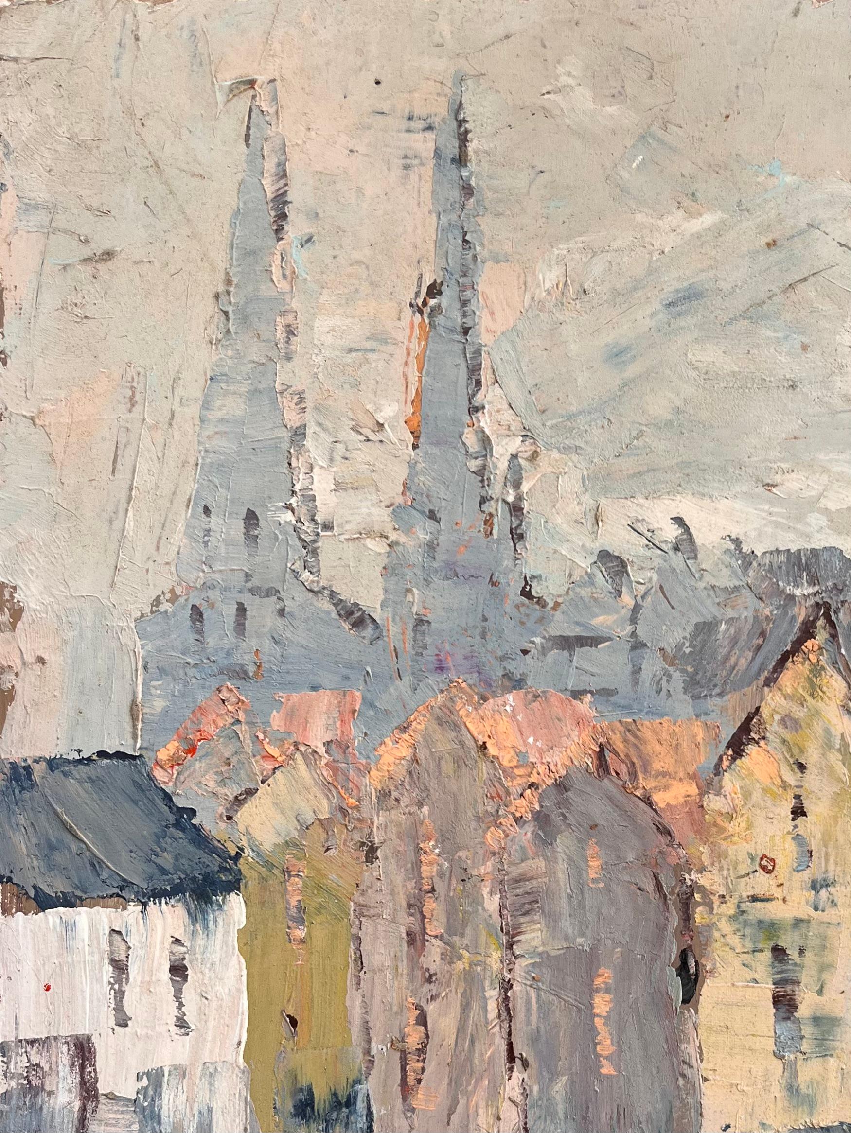 Französischer Impressionist Kathedrale und Brücke Szene mit weichen Pastell Palette (Impressionismus), Painting, von Fanch Lel