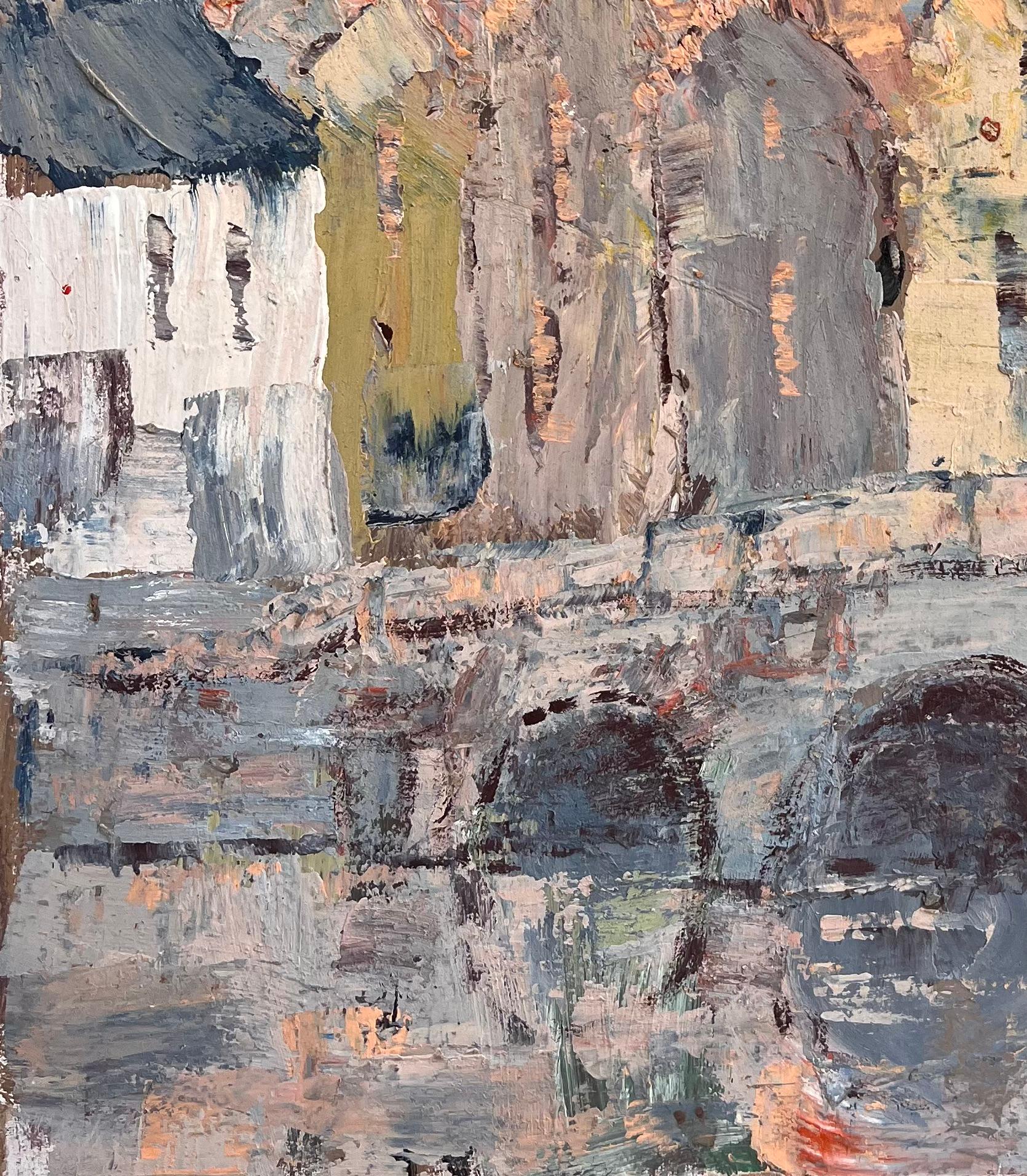 Französischer Impressionist Kathedrale und Brücke Szene mit weichen Pastell Palette (Grau), Abstract Painting, von Fanch Lel