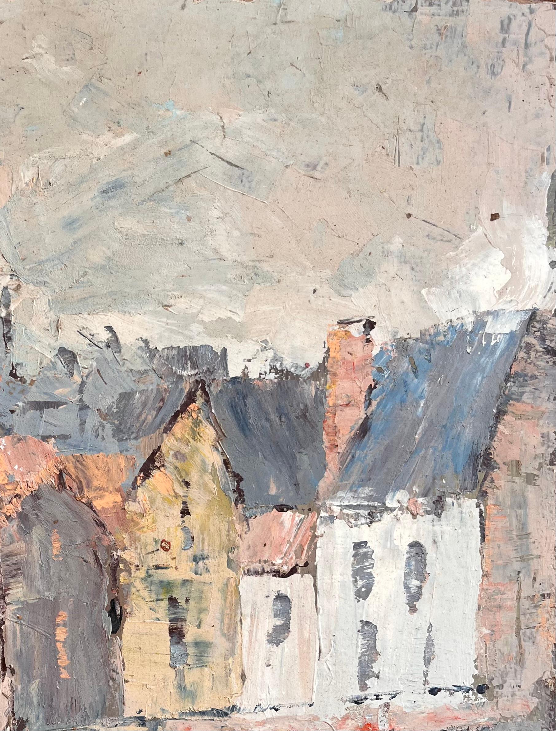 Titel: Französischer Impressionist Kathedrale und Brückenszene mit weicher Pastellpalette
Von Fanch Lel
Größe: 18,25 x 15 Zoll (Höhe x Breite)
Ölgemälde auf Karton, ungerahmt
Zustand: Das Gemälde ist in gutem Zustand mit ausdrucksstarker Textur;