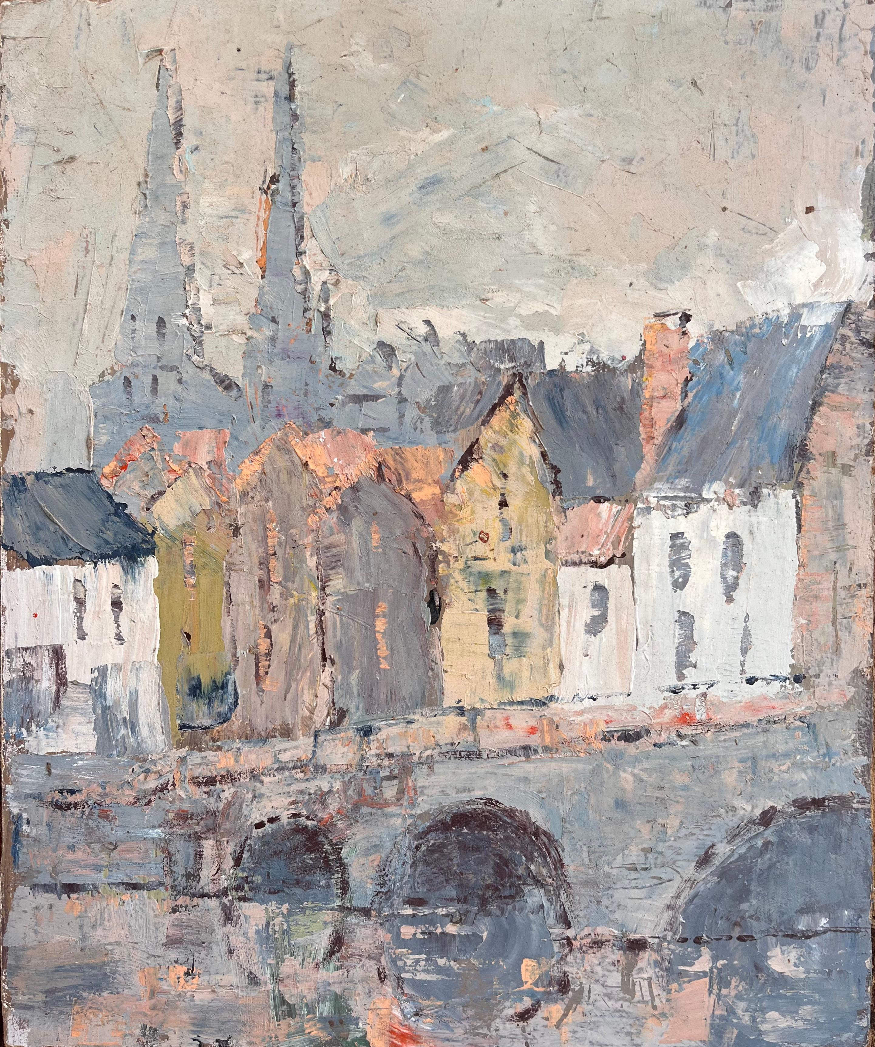 Fanch Lel Abstract Painting – Französischer Impressionist Kathedrale und Brücke Szene mit weichen Pastell Palette