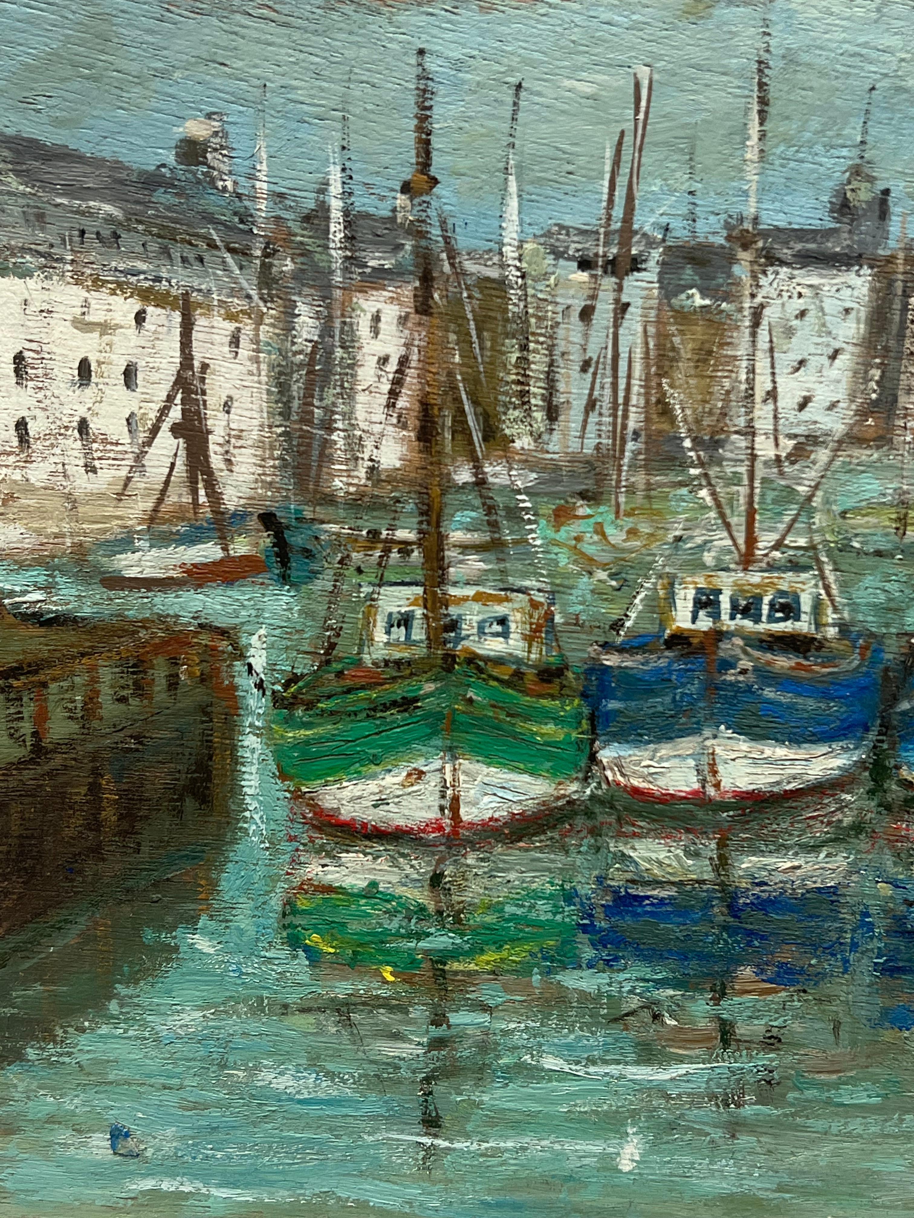 Pittura ad olio impressionista francese: un'affascinante scena di porto con barche colorate in vendita 1