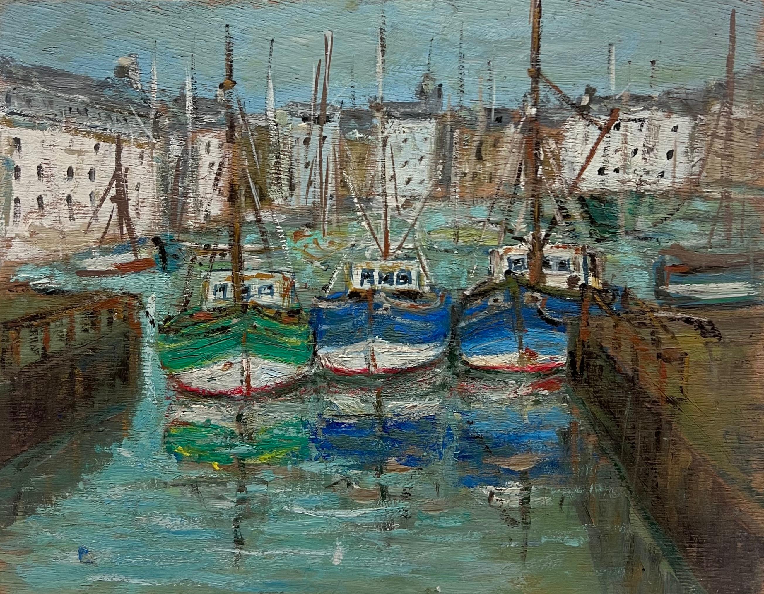 Landscape Painting di Fanch Lel - Pittura ad olio impressionista francese: un'affascinante scena di porto con barche colorate